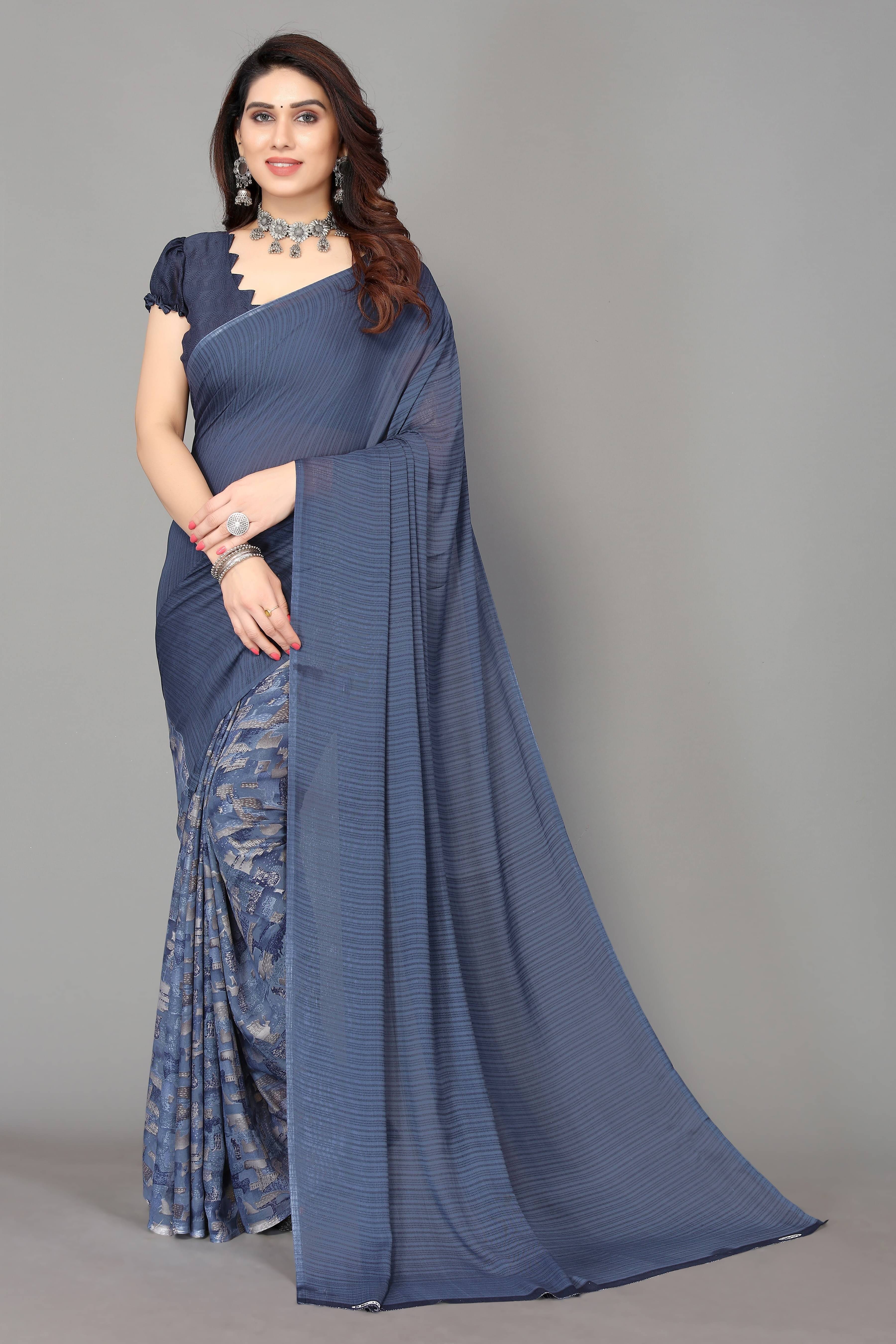     			Yashika Georgette Printed Saree With Unstitched Blouse Piece ( Blue )