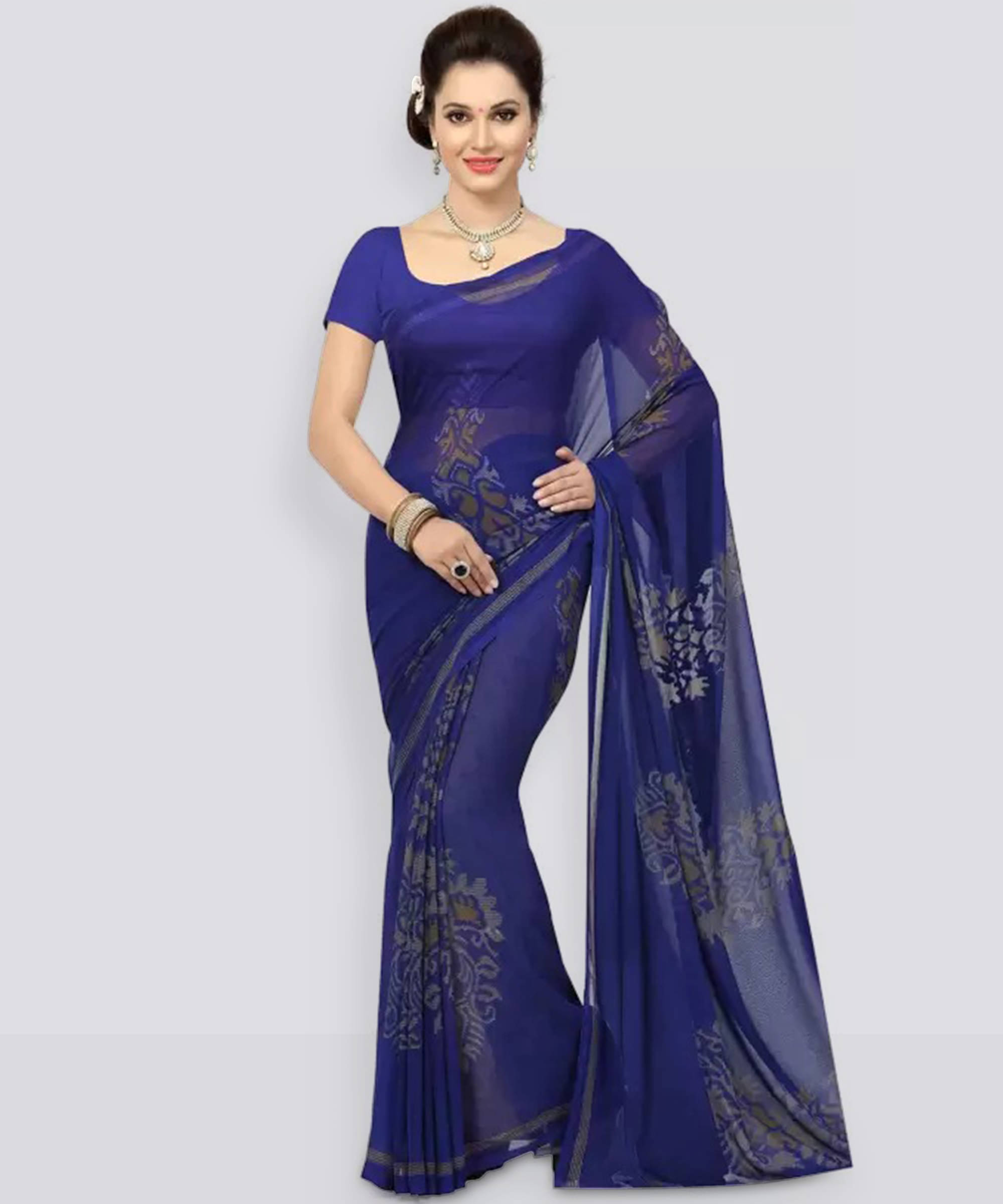     			Yashika Georgette Printed Saree With Unstitched Blouse Piece ( Blue )