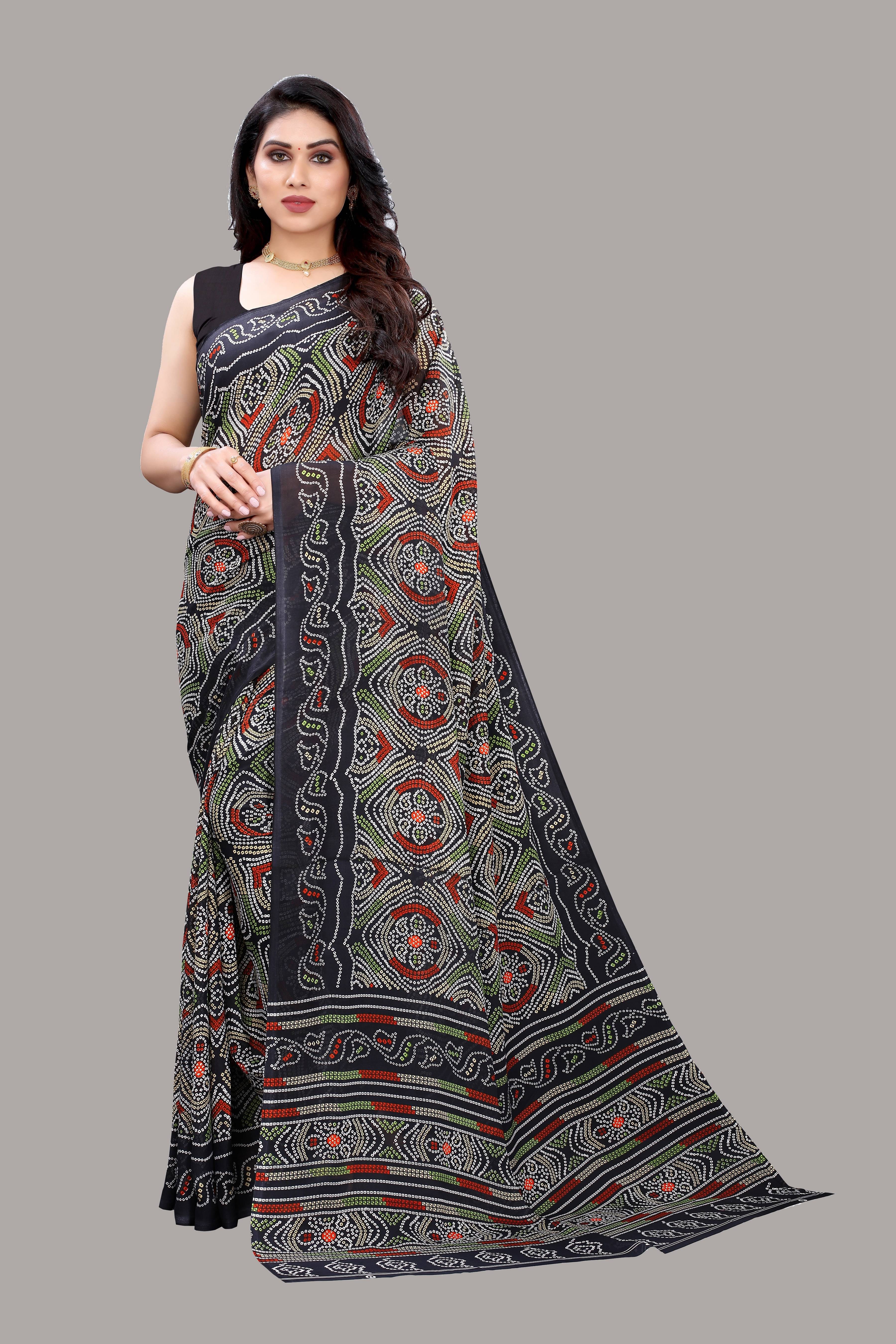     			Yashika Georgette Printed Saree With Unstitched Blouse Piece ( Black )
