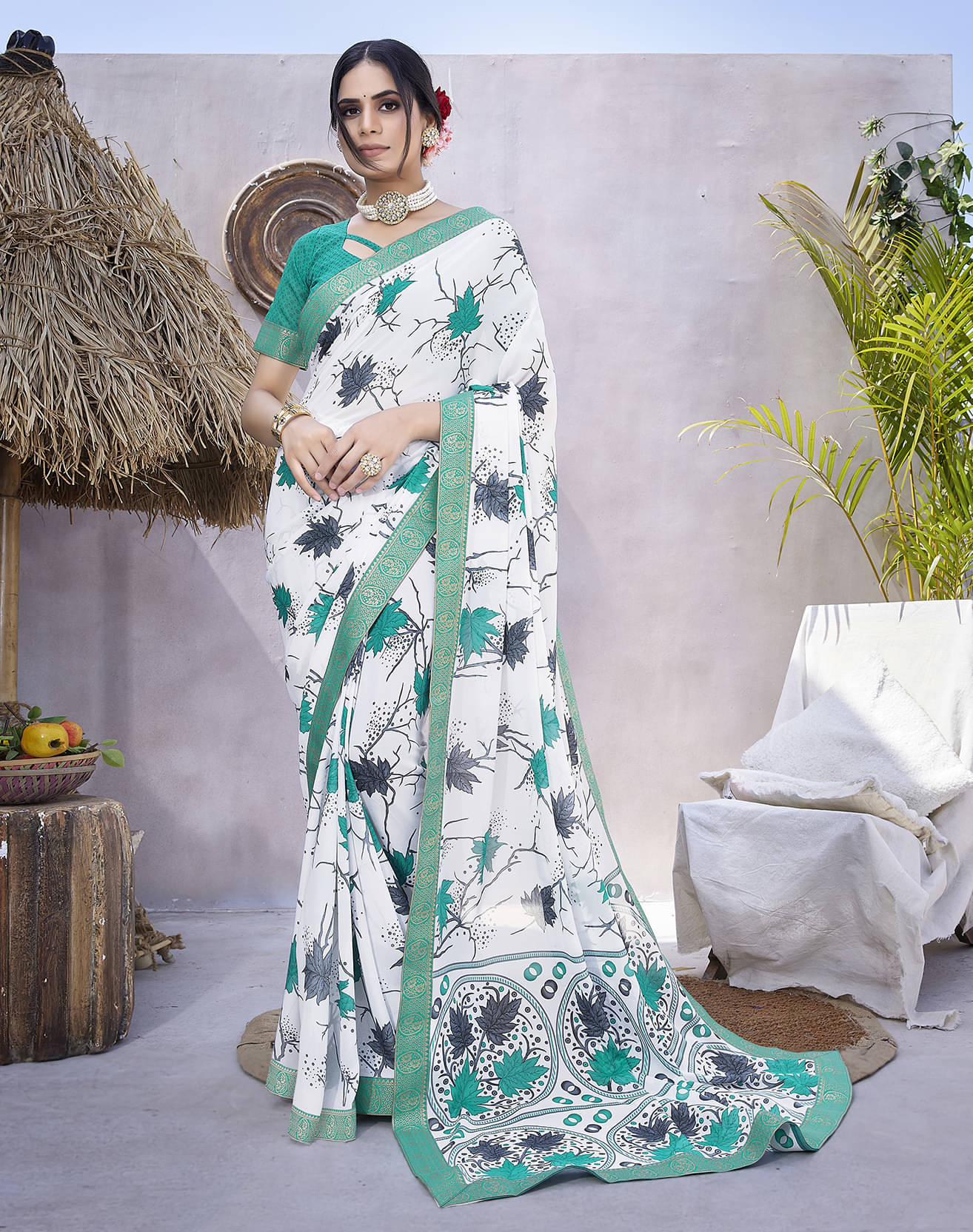 Yashika Georgette Printed Saree With Unstitched Blouse Piece ( Blue )     			Yashika Georgette Printed Saree With Unstitched Blouse Piece ( Blue )