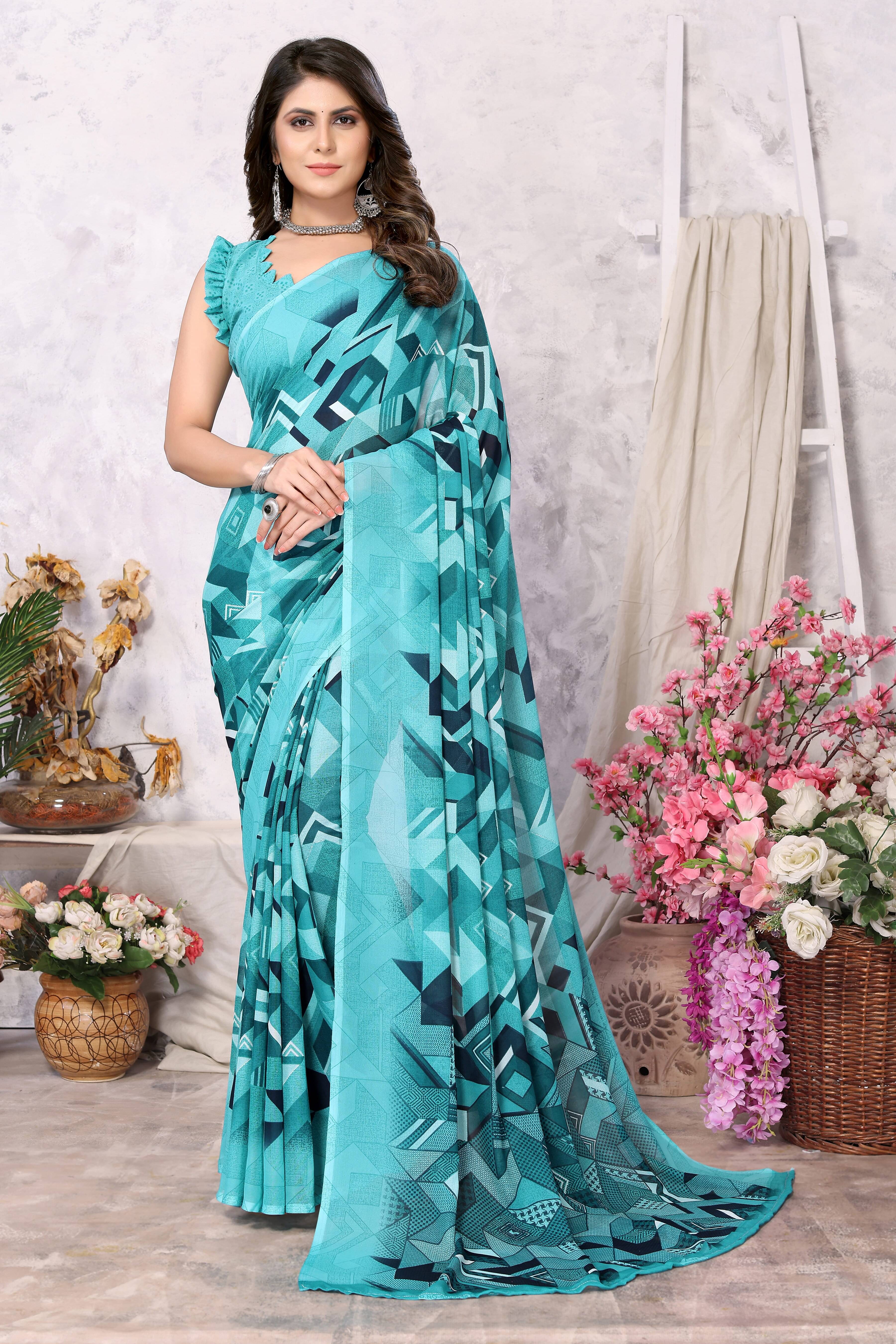     			Yashika Georgette Printed Saree With Unstitched Blouse Piece ( Blue )