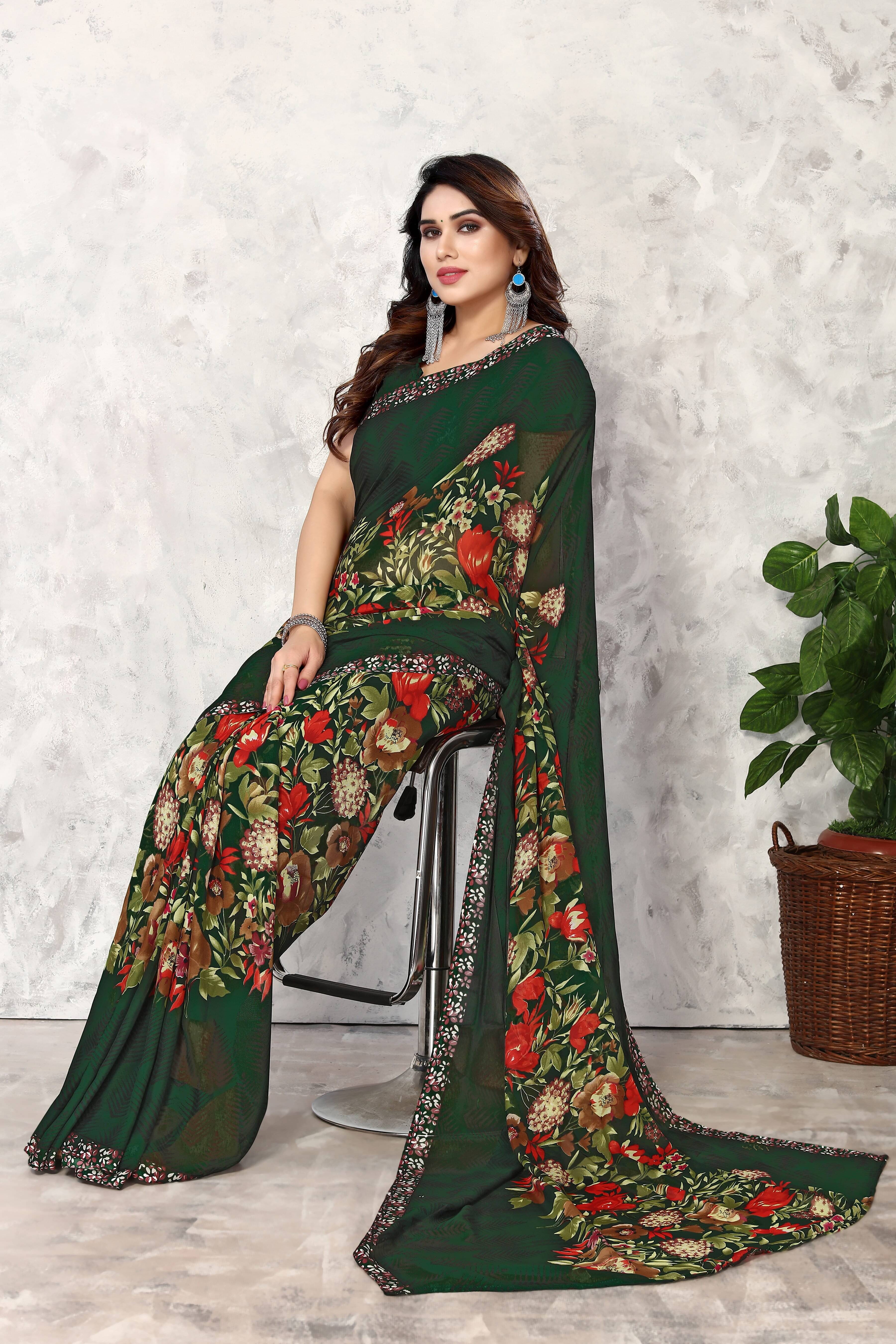     			Yashika Georgette Printed Saree With Unstitched Blouse Piece ( Green )