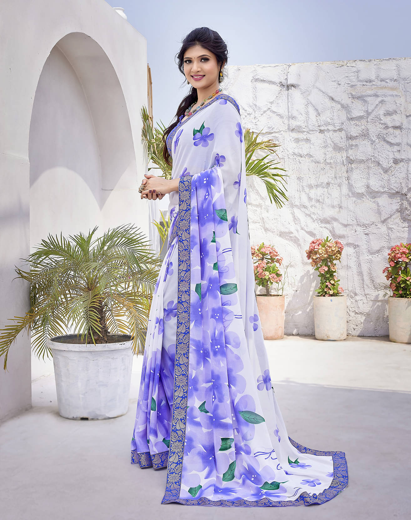 Yashika Georgette Printed Saree With Unstitched Blouse Piece ( Purple ) Yashika Georgette Printed Saree With Unstitched Blouse Piece ( Purple )