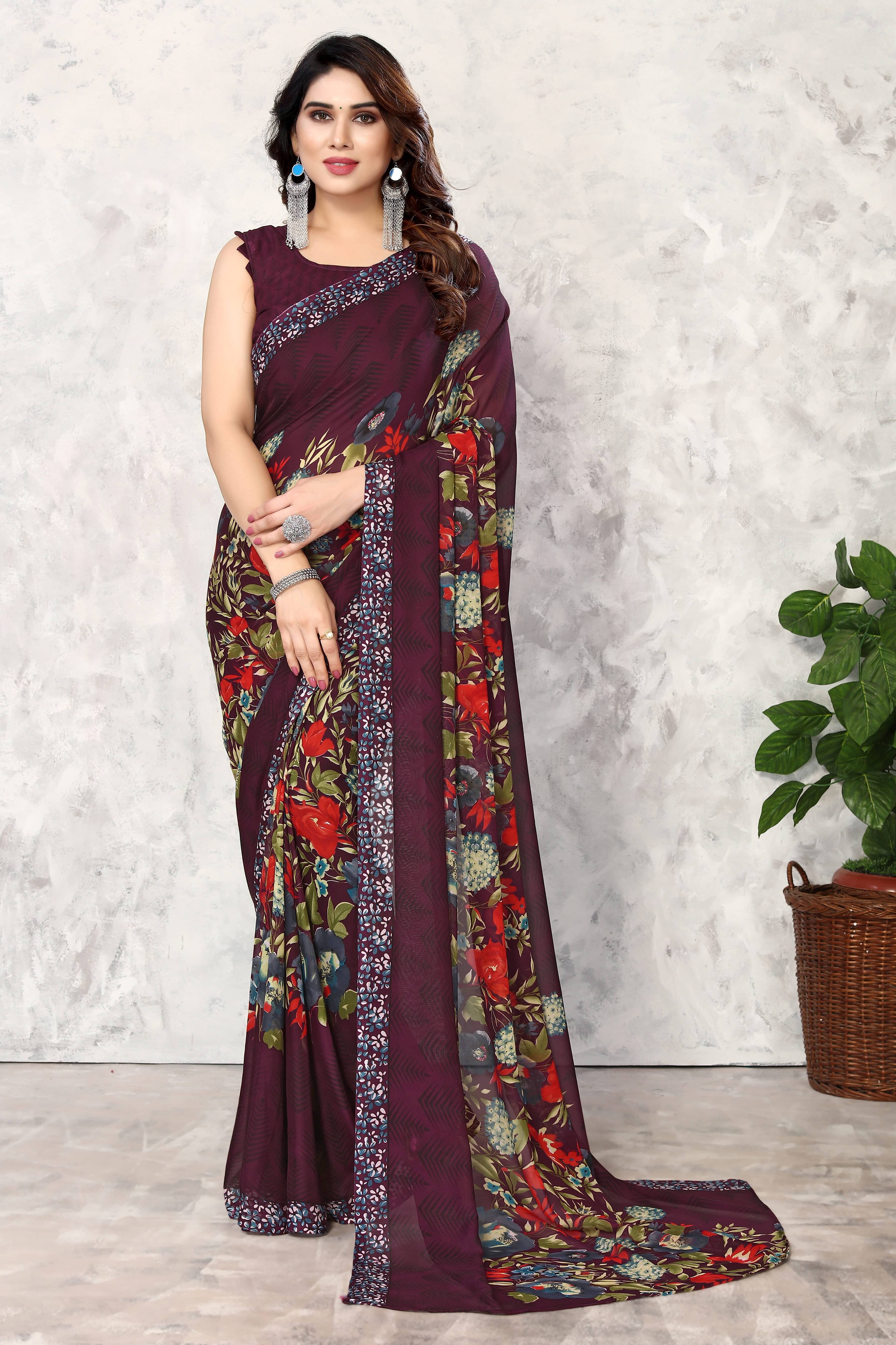 Yashika Georgette Printed Saree With Unstitched Blouse Piece ( Purple ) Yashika Georgette Printed Saree With Unstitched Blouse Piece ( Purple )