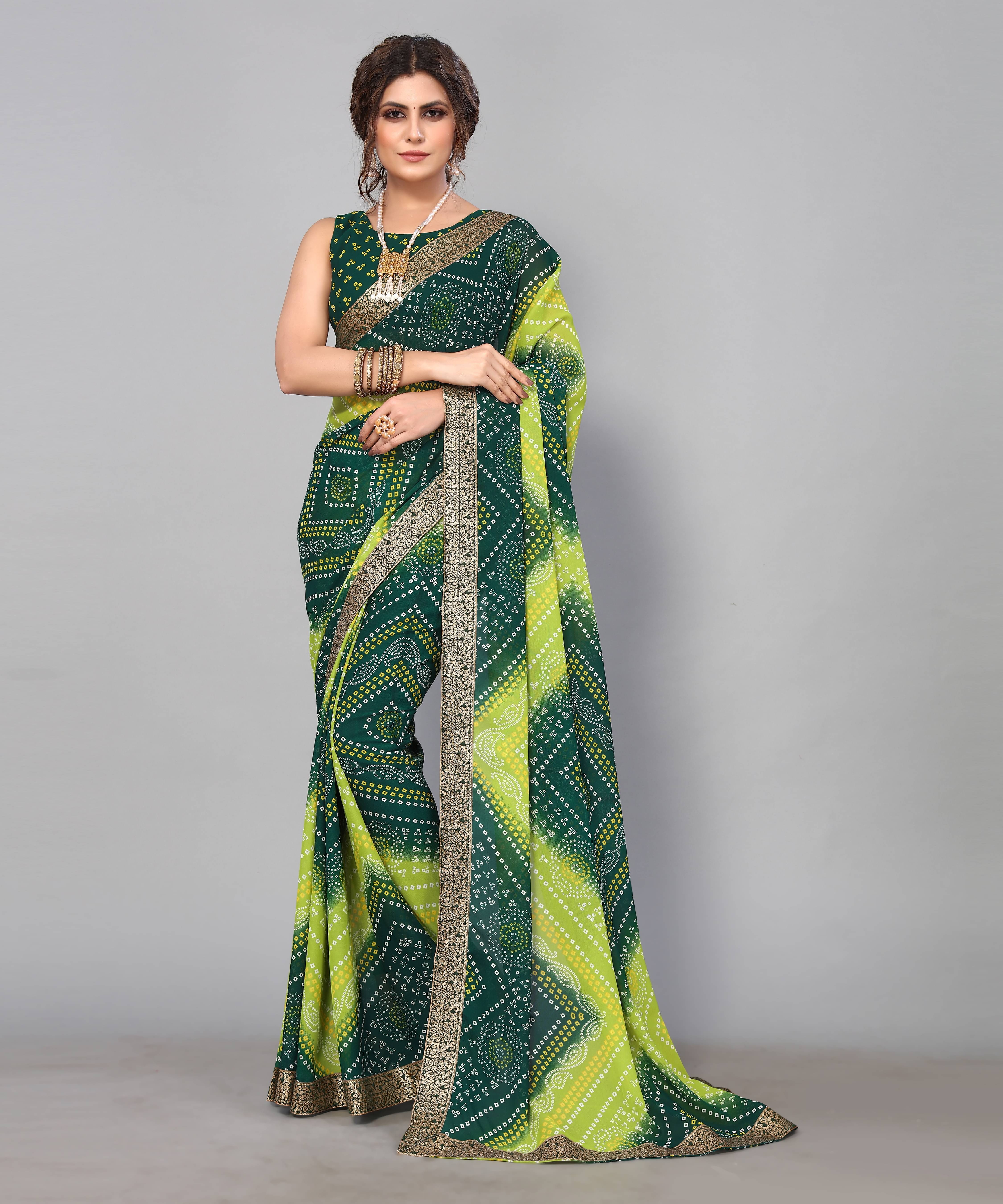     			Yashika Georgette Printed Saree With Unstitched Blouse Piece ( Green )