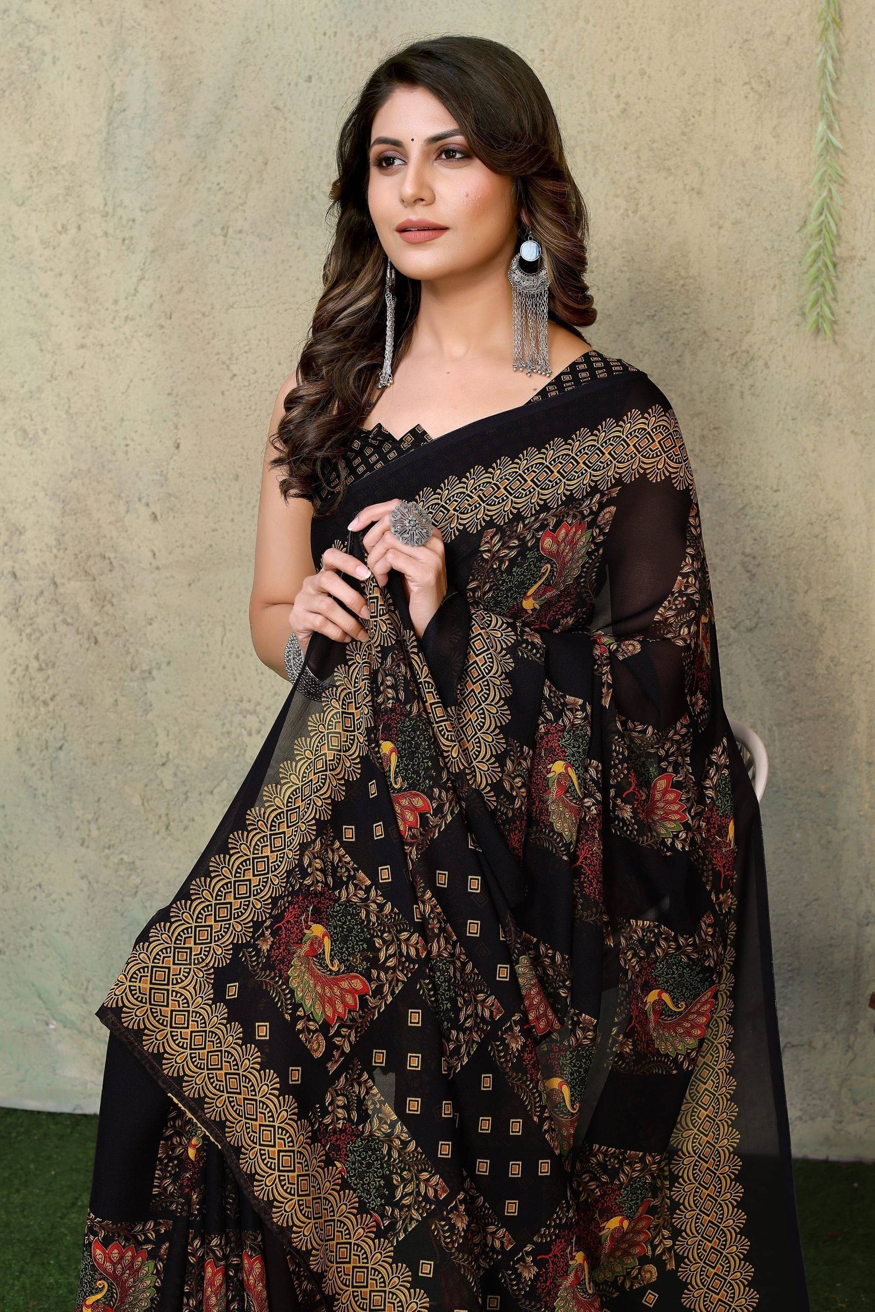 Yashika Georgette Printed Saree With Unstitched Blouse Piece ( Black ) Yashika Georgette Printed Saree With Unstitched Blouse Piece ( Black )