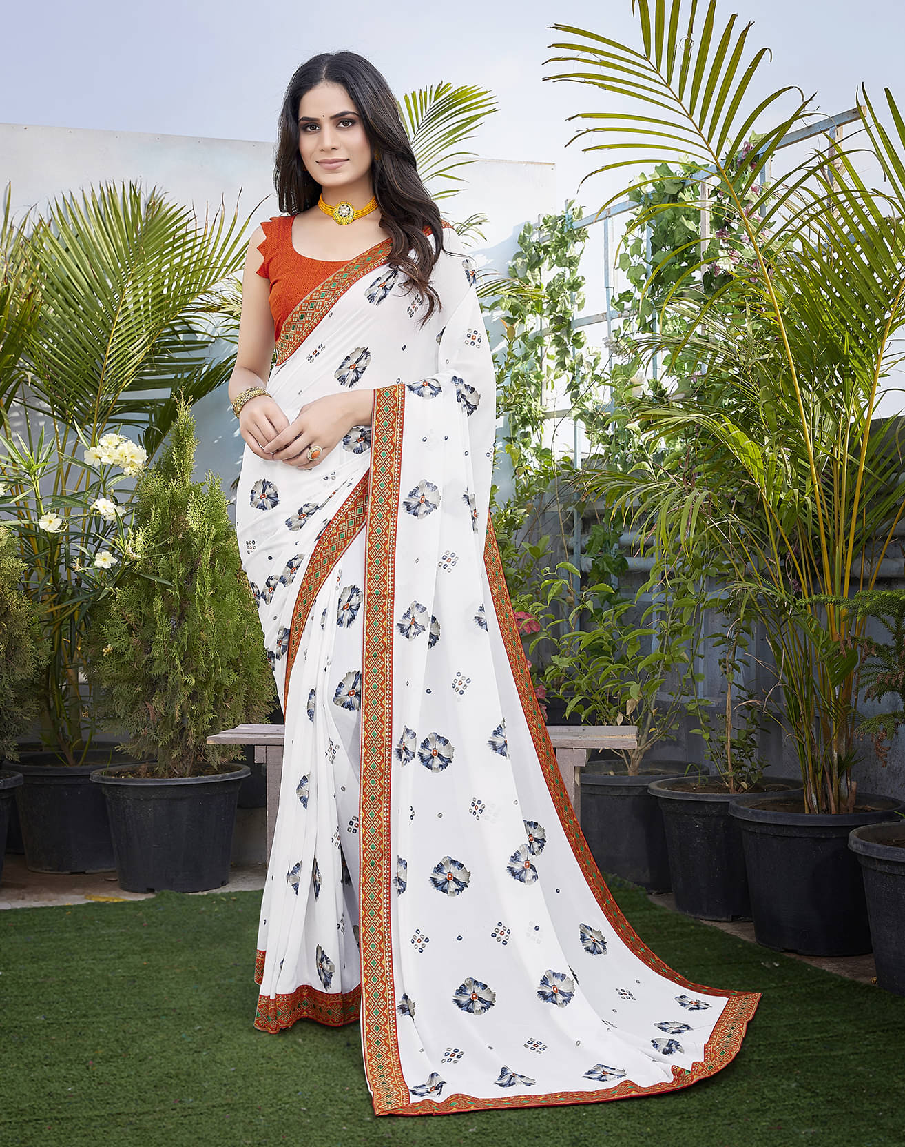 Yashika Georgette Printed Saree With Unstitched Blouse Piece ( Orange ) Yashika Georgette Printed Saree With Unstitched Blouse Piece ( Orange )