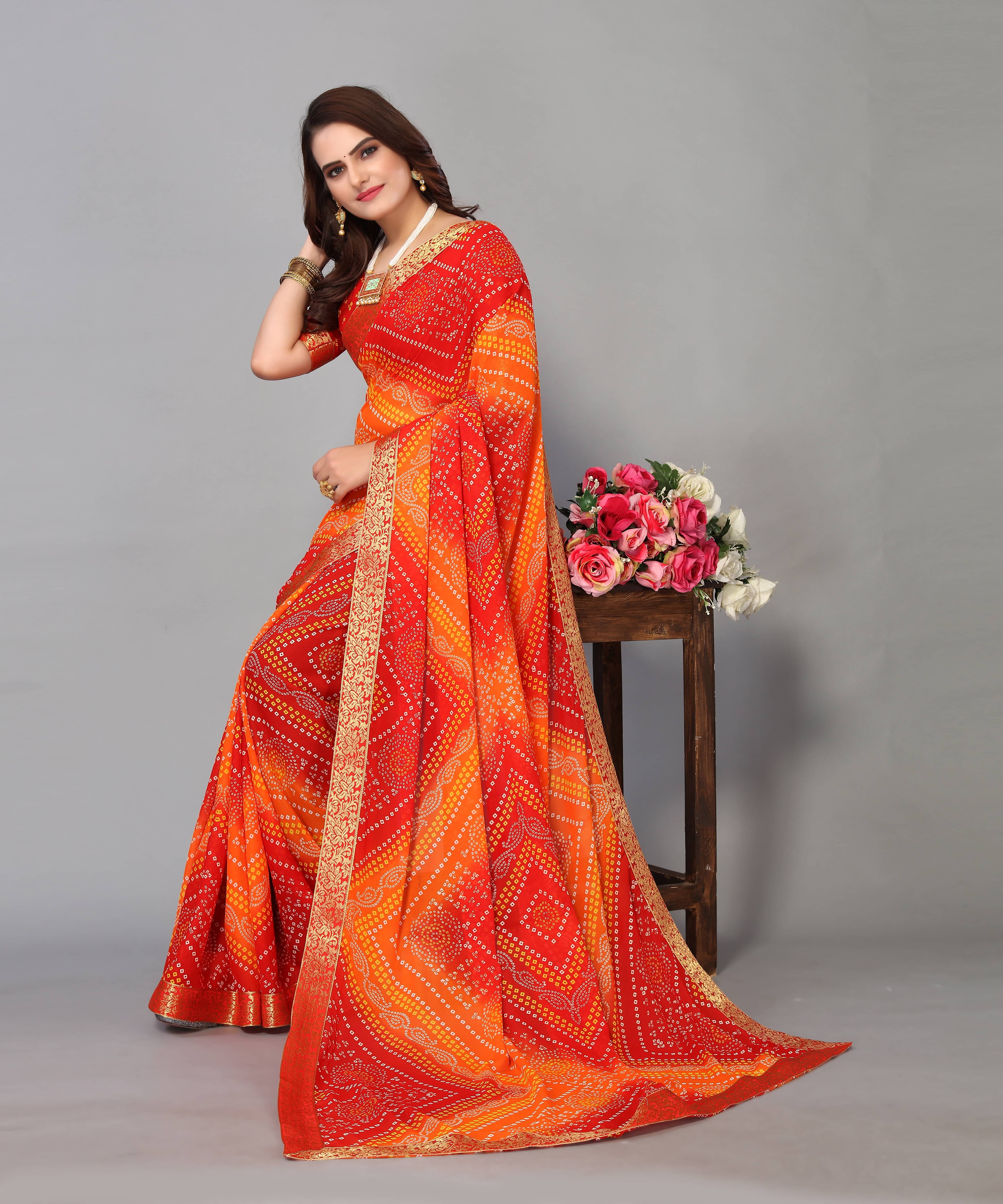     			Yashika Georgette Printed Saree With Unstitched Blouse Piece ( Red )
