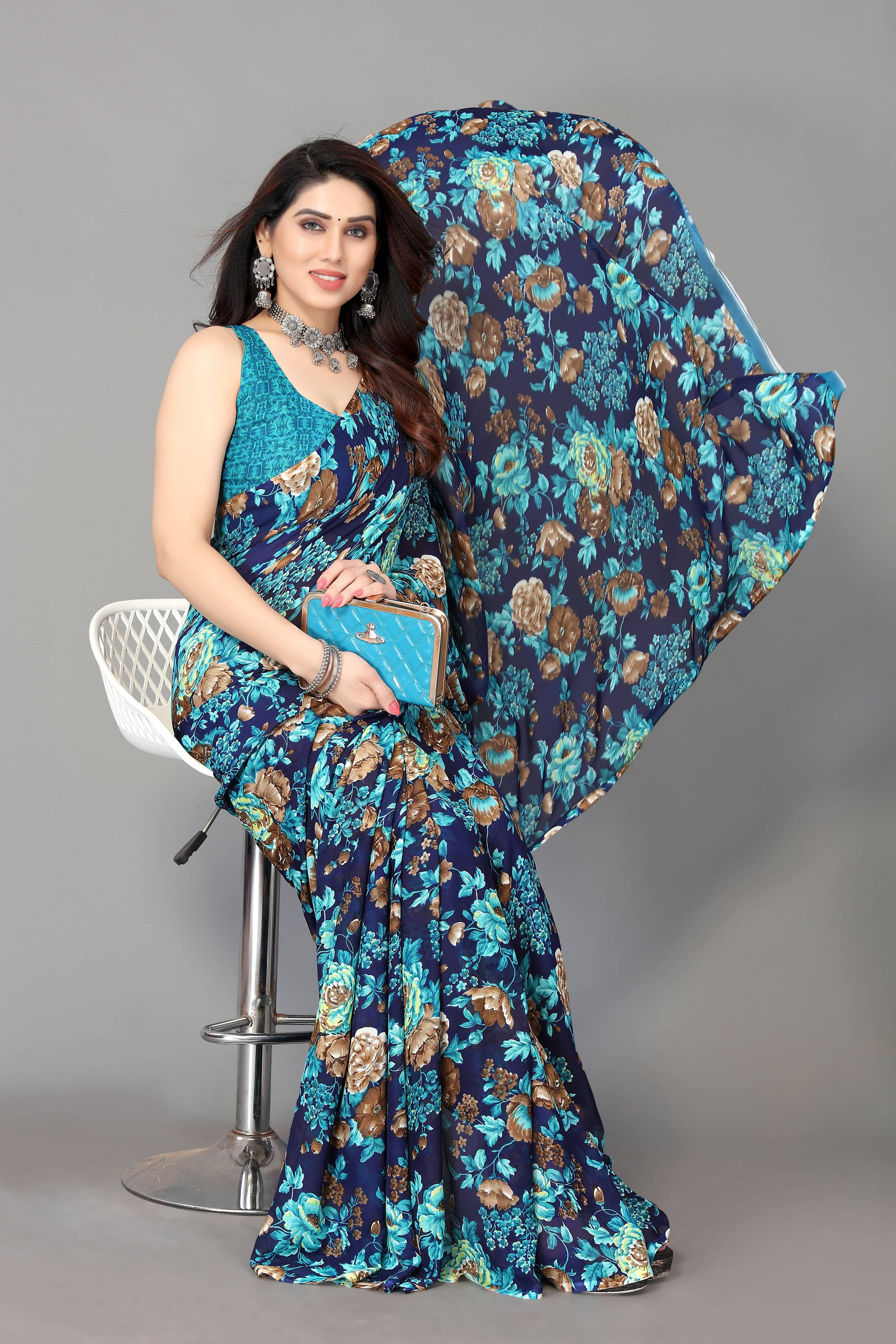 Yashika Georgette Printed Saree With Unstitched Blouse Piece ( Blue ) Yashika Georgette Printed Saree With Unstitched Blouse Piece ( Blue )