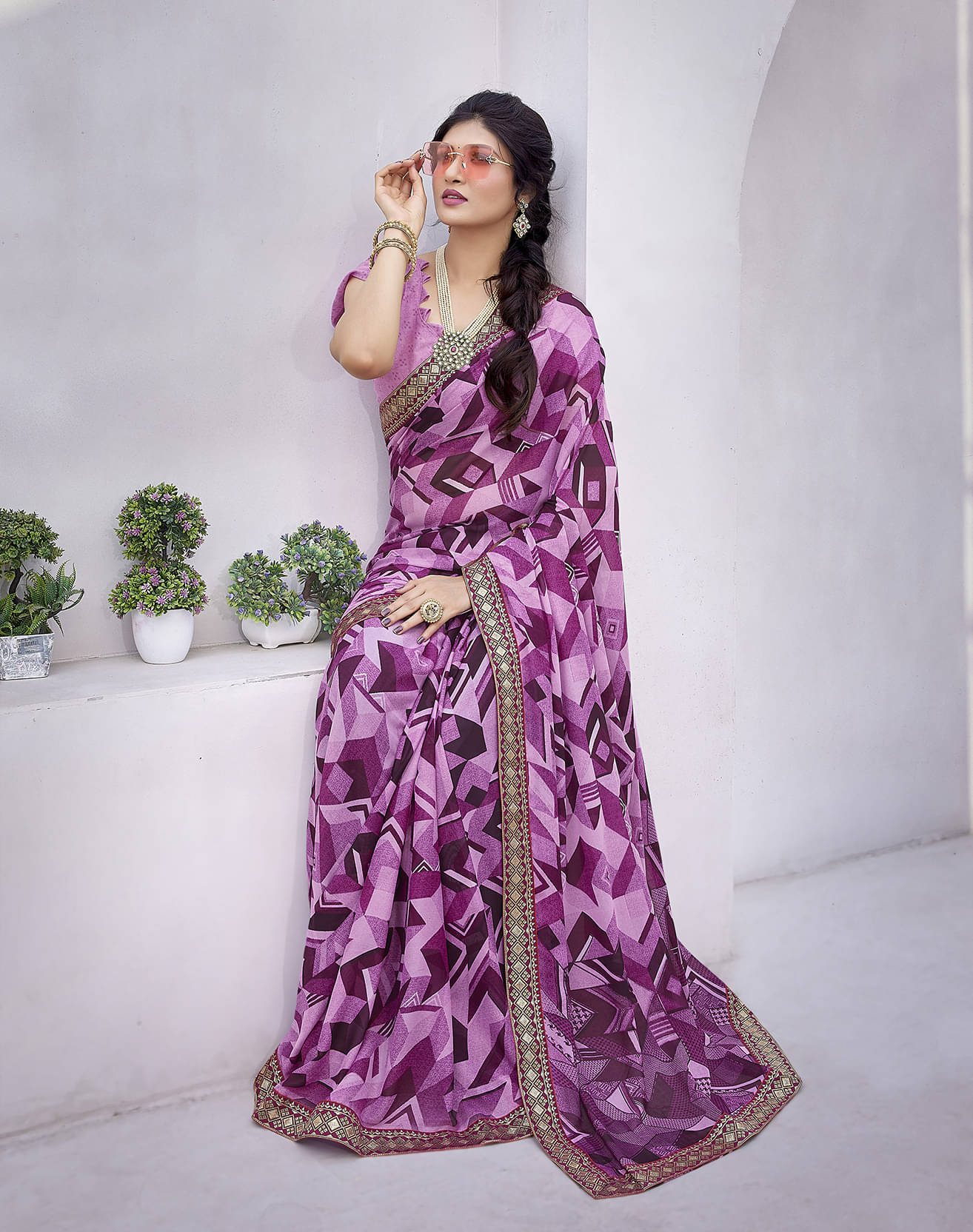 Yashika Georgette Printed Saree With Unstitched Blouse Piece ( Purple ) Yashika Georgette Printed Saree With Unstitched Blouse Piece ( Purple )