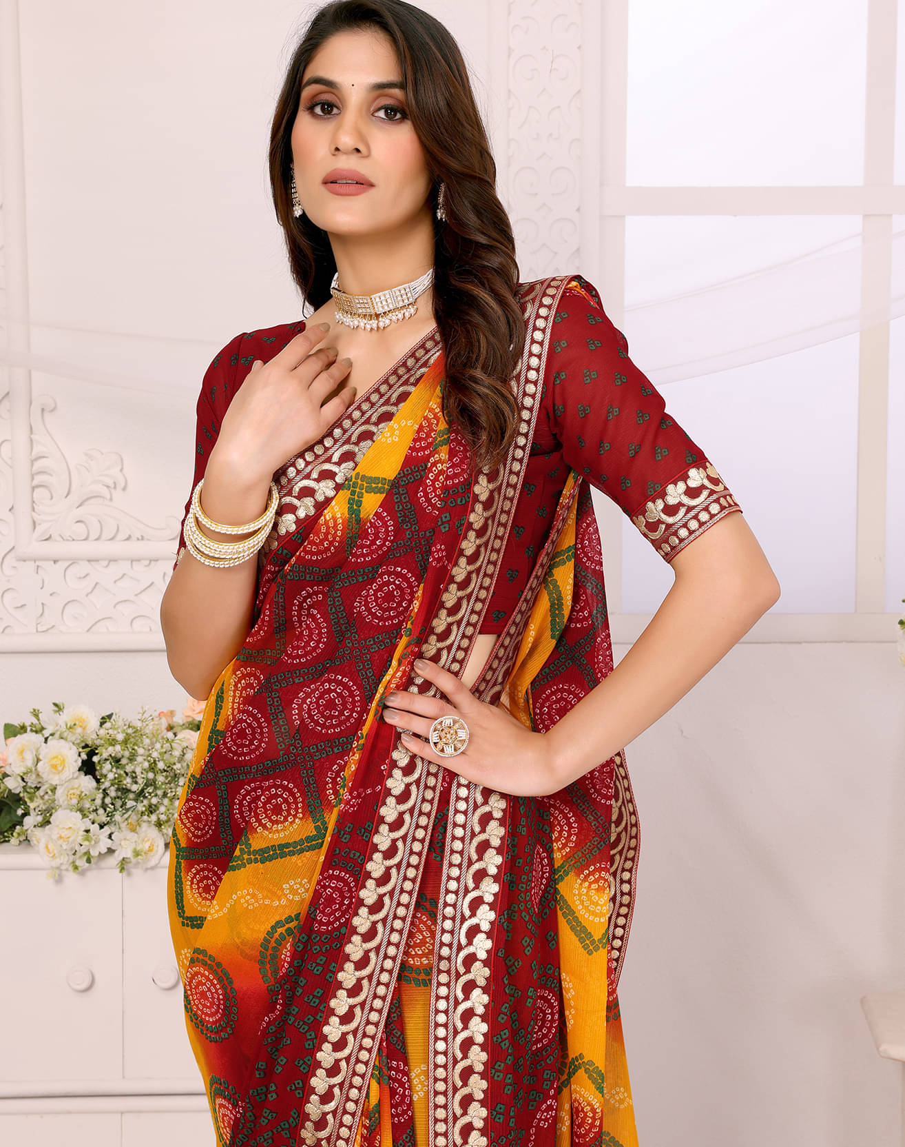     			Yashika Georgette Printed Saree With Unstitched Blouse Piece ( Maroon )