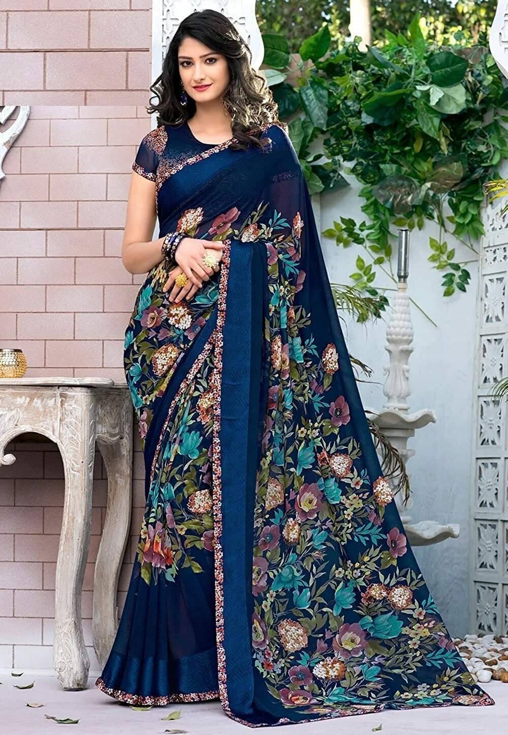 Yashika Georgette Printed Saree With Unstitched Blouse Piece ( Blue )     			Yashika Georgette Printed Saree With Unstitched Blouse Piece ( Blue )