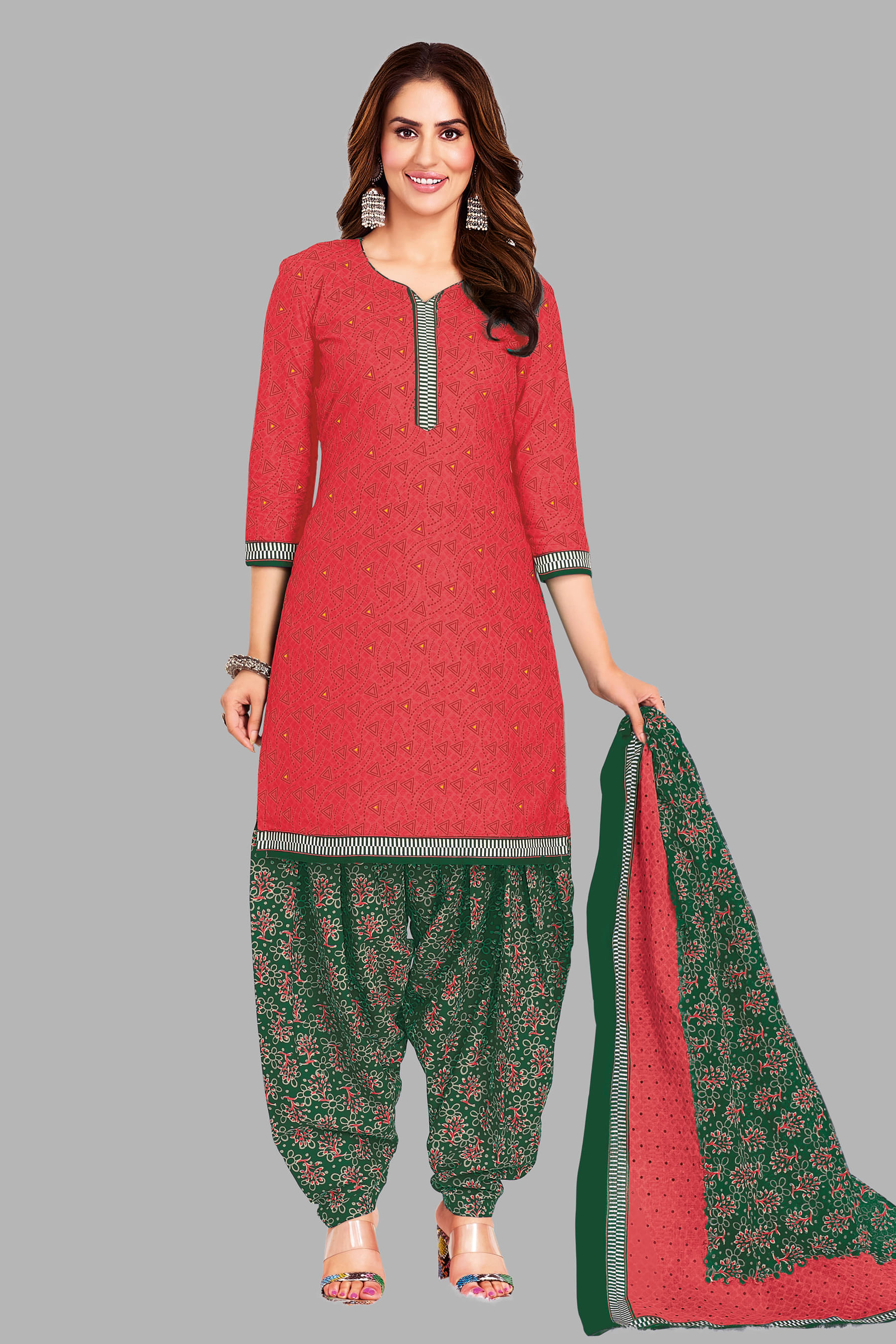     			shree jeenmata collection Unstitched Cotton Printed Dress Material - Red ( Pack of 1 )