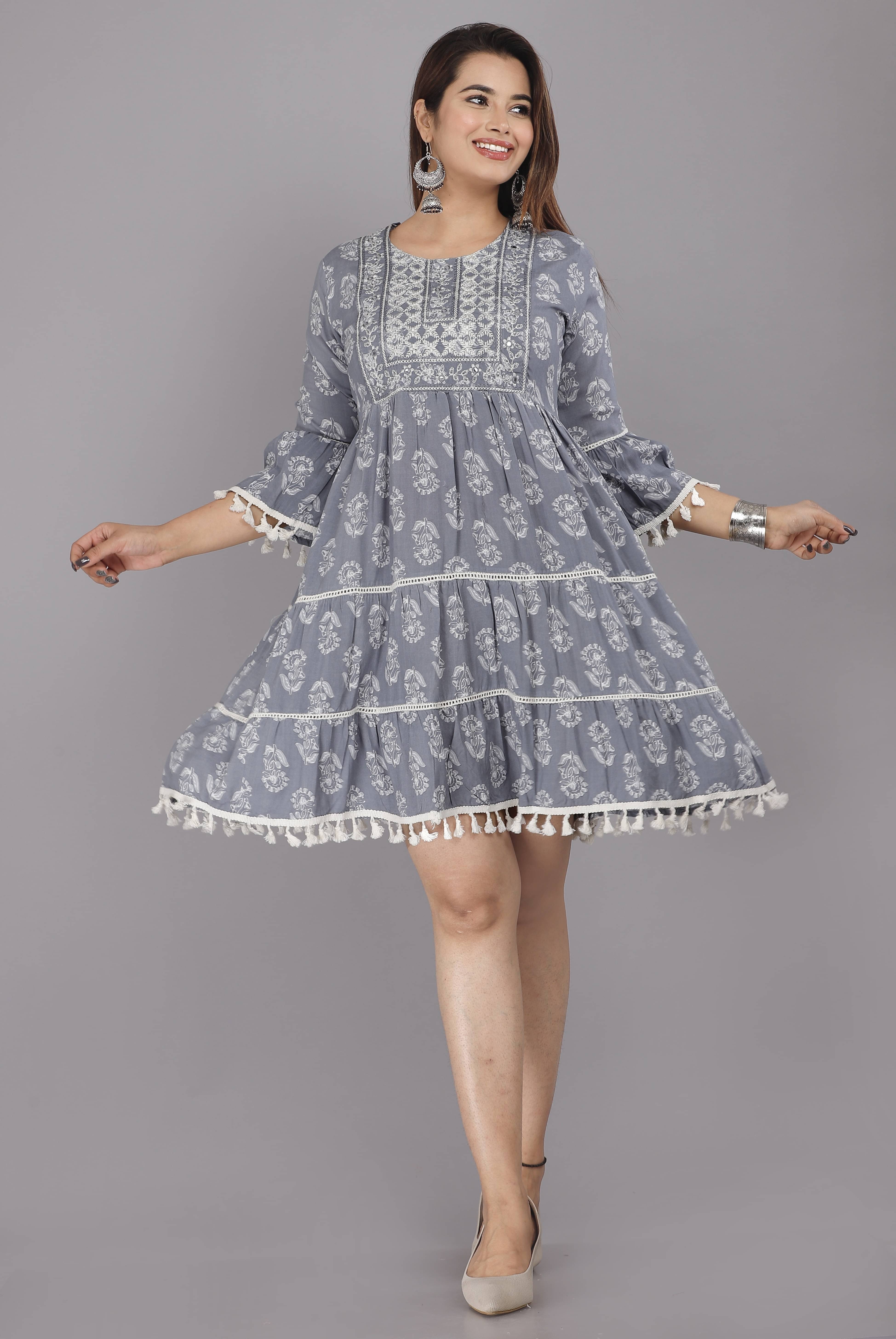 tankkushi Women Viscose Rayon Printed Peplum Dress ( Grey ) tankkushi Women Viscose Rayon Printed Peplum Dress ( Grey )