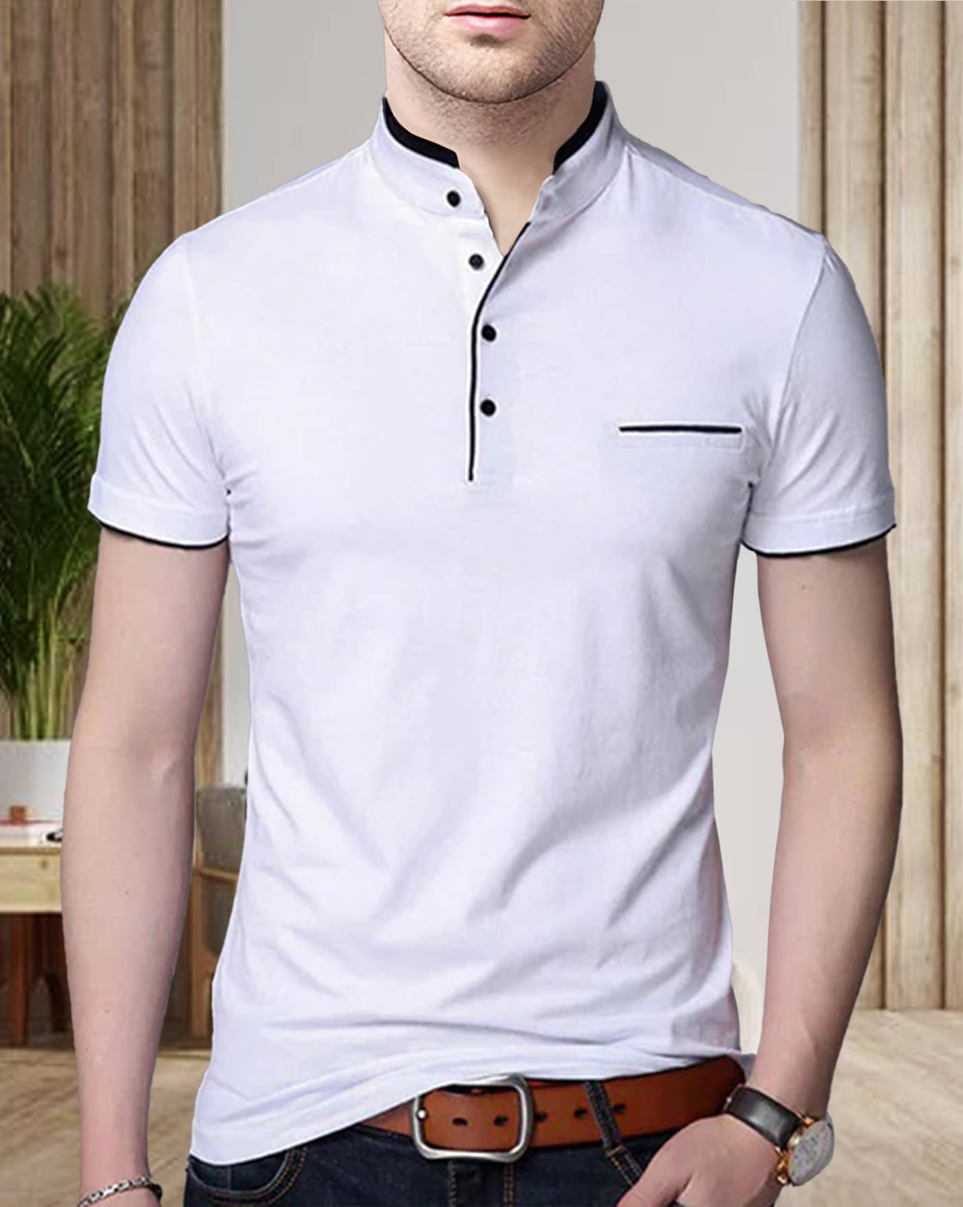     			AOOSH Cotton Blend Regular Fit Solid Half Sleeves Men's Mandarin Collar T-Shirt - White ( Pack of 1 )