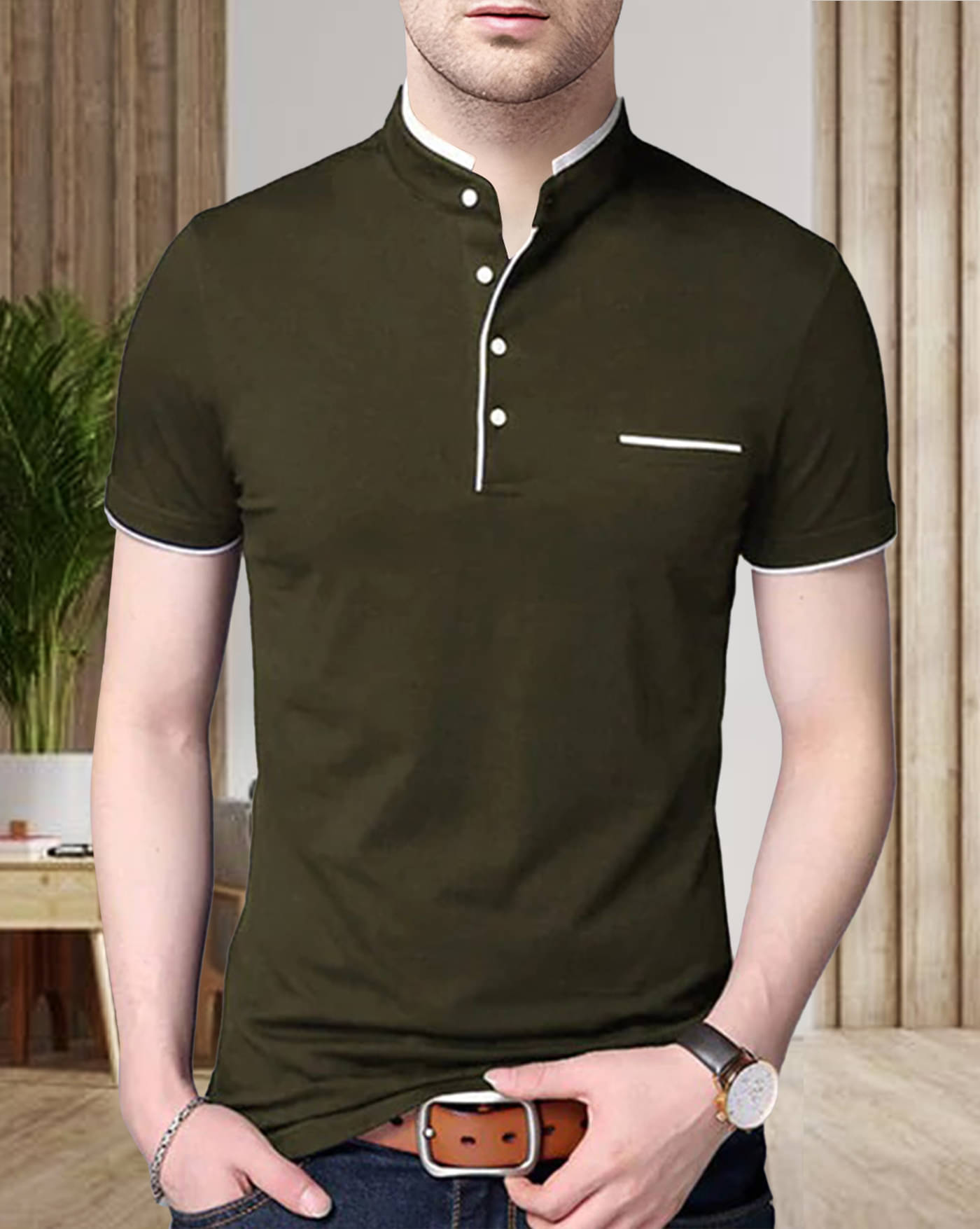 AOOSH Cotton Blend Regular Fit Solid Half Sleeves Men's Mandarin Collar T-Shirt - Olive ( Pack of 1 )     			AOOSH Cotton Blend Regular Fit Solid Half Sleeves Men's Mandarin Collar T-Shirt - Olive ( Pack of 1 )