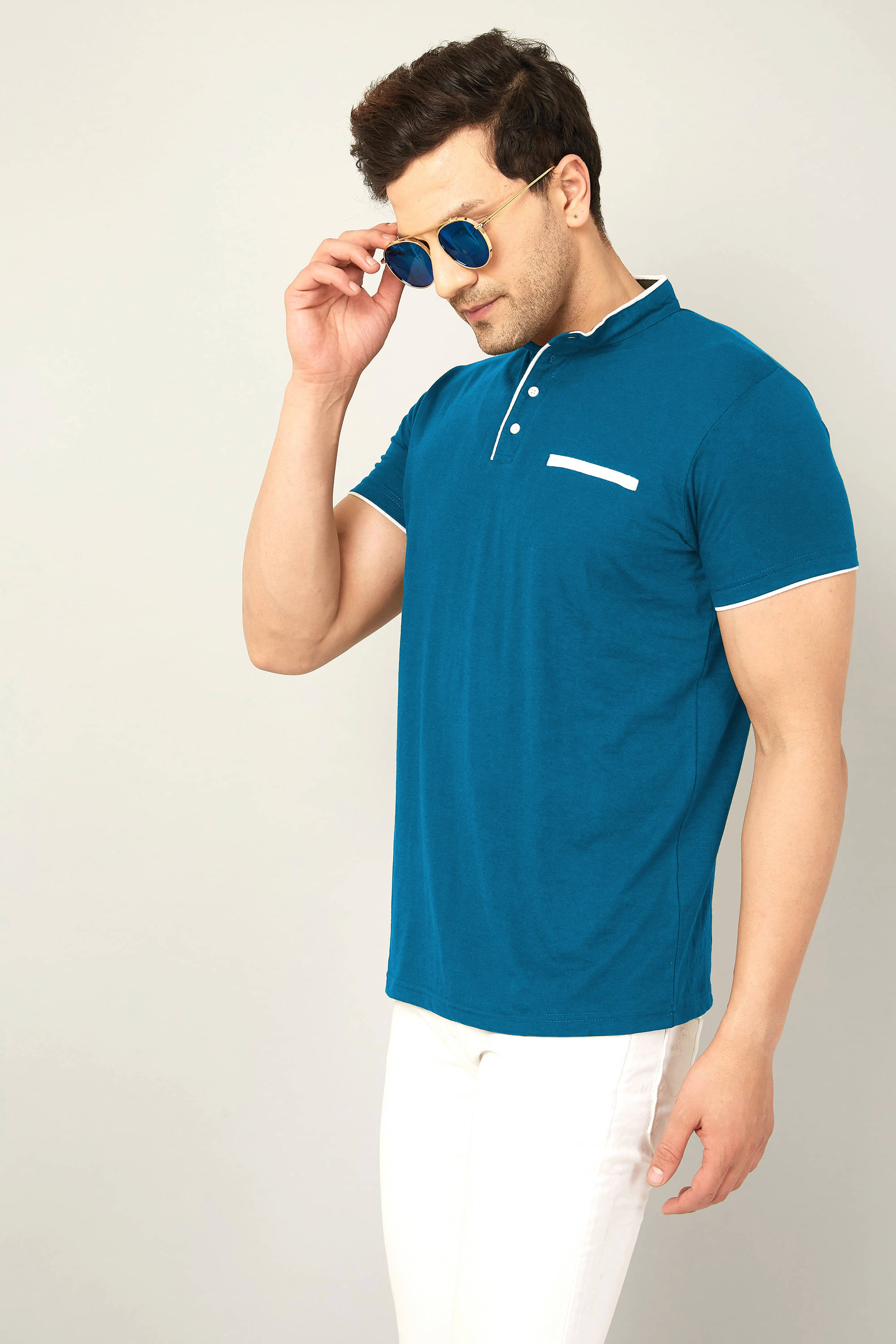 AOOSH Cotton Blend Regular Fit Solid Half Sleeves Men's Mandarin Collar T-Shirt - Teal Blue ( Pack of 1 ) AOOSH Cotton Blend Regular Fit Solid Half Sleeves Men's Mandarin Collar T-Shirt - Teal Blue ( Pack of 1 )