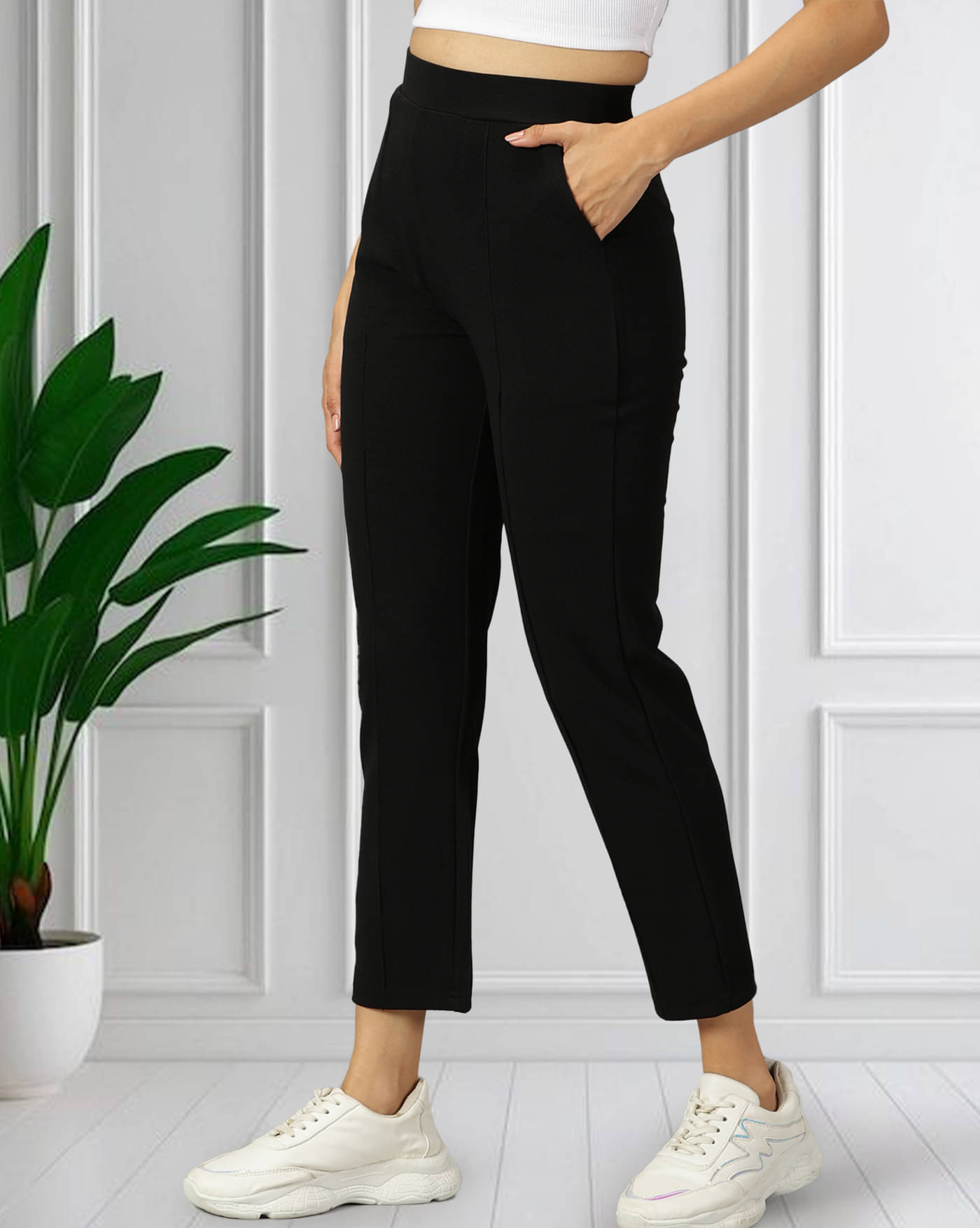     			AOOSH Pack of 1 Polyester Skinny Women's Chinos ( Black )