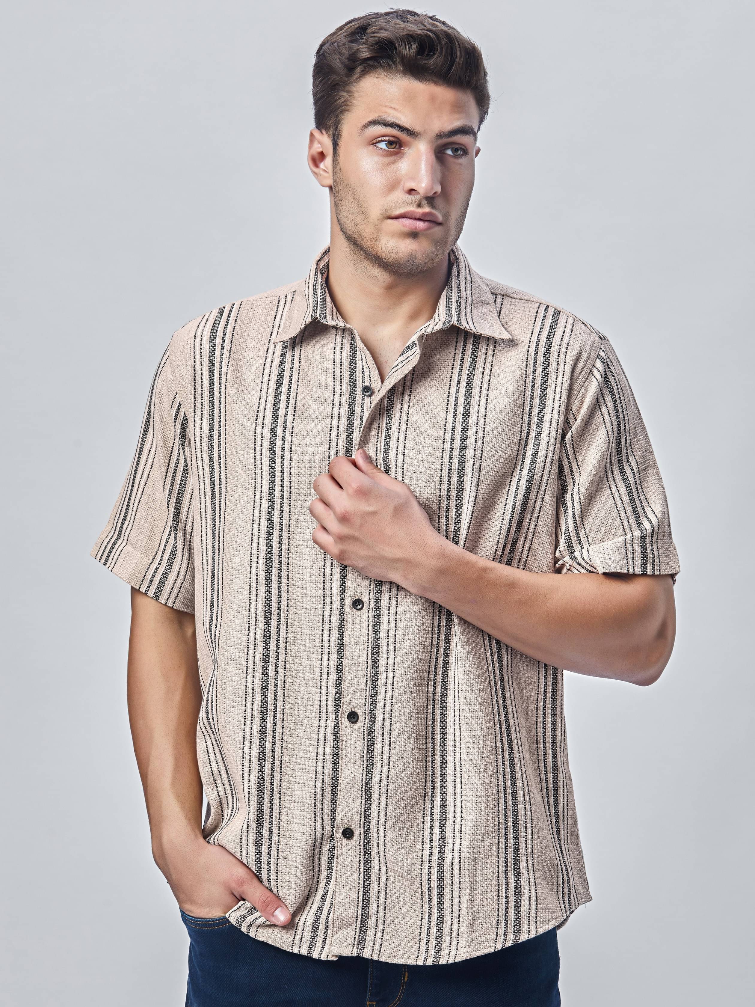     			Buscott 100% Cotton Regular Fit Striped Half Sleeves Men's Casual Shirt - Beige ( Pack of 1 )