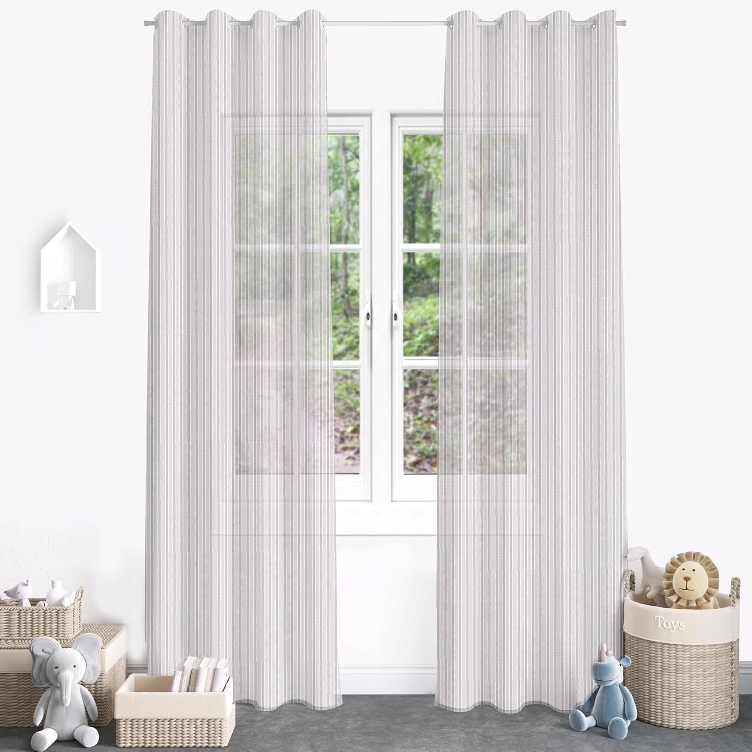     			DIVINE CASA Vertical Striped Sheer Eyelet Curtain 7 ft ( Pack of 1 ) - White