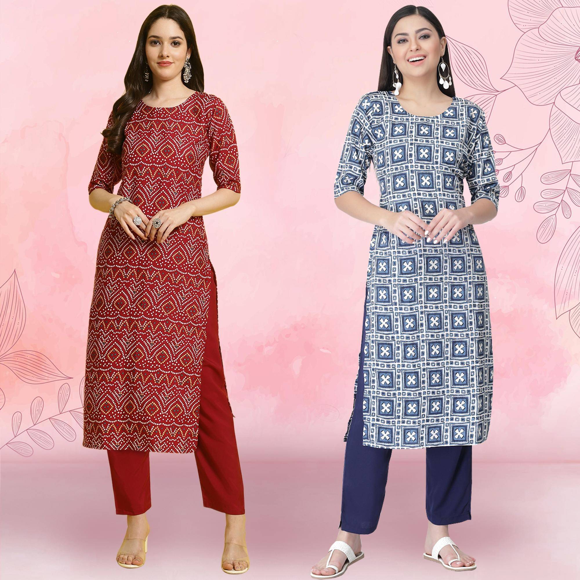     			Ethnicbasket Crepe Printed Kurti With Pants Women's Stitched Salwar Suit - Navy Blue ( Pack of 2 )