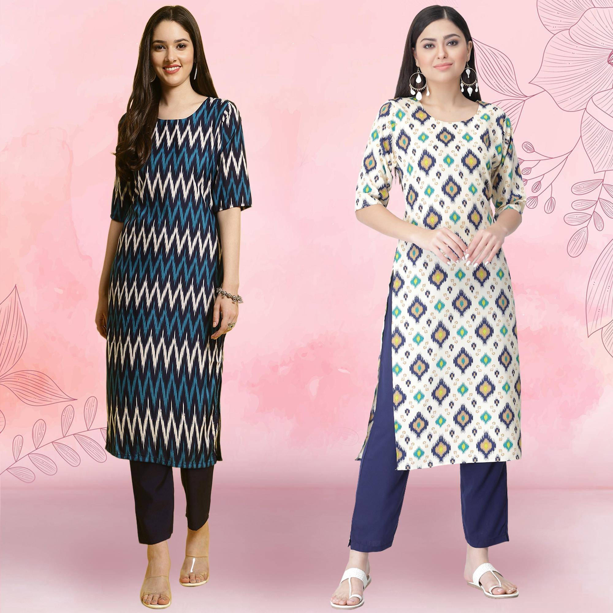     			Ethnicbasket Crepe Printed Kurti With Pants Women's Stitched Salwar Suit - White ( Pack of 2 )