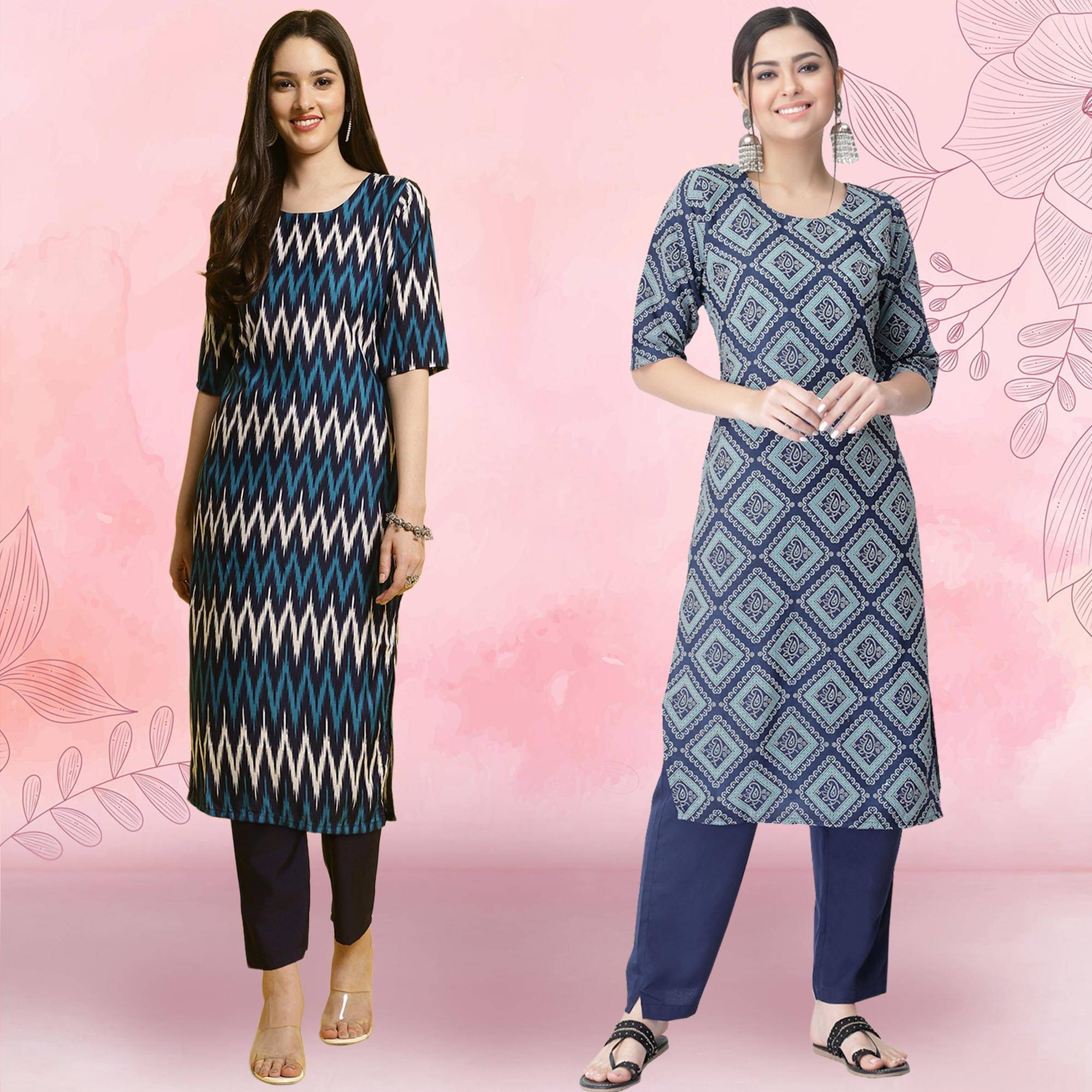 Ethnicbasket Crepe Printed Kurti With Pants Women's Stitched Salwar Suit - Blue ( Pack of 2 )     			Ethnicbasket Crepe Printed Kurti With Pants Women's Stitched Salwar Suit - Blue ( Pack of 2 )