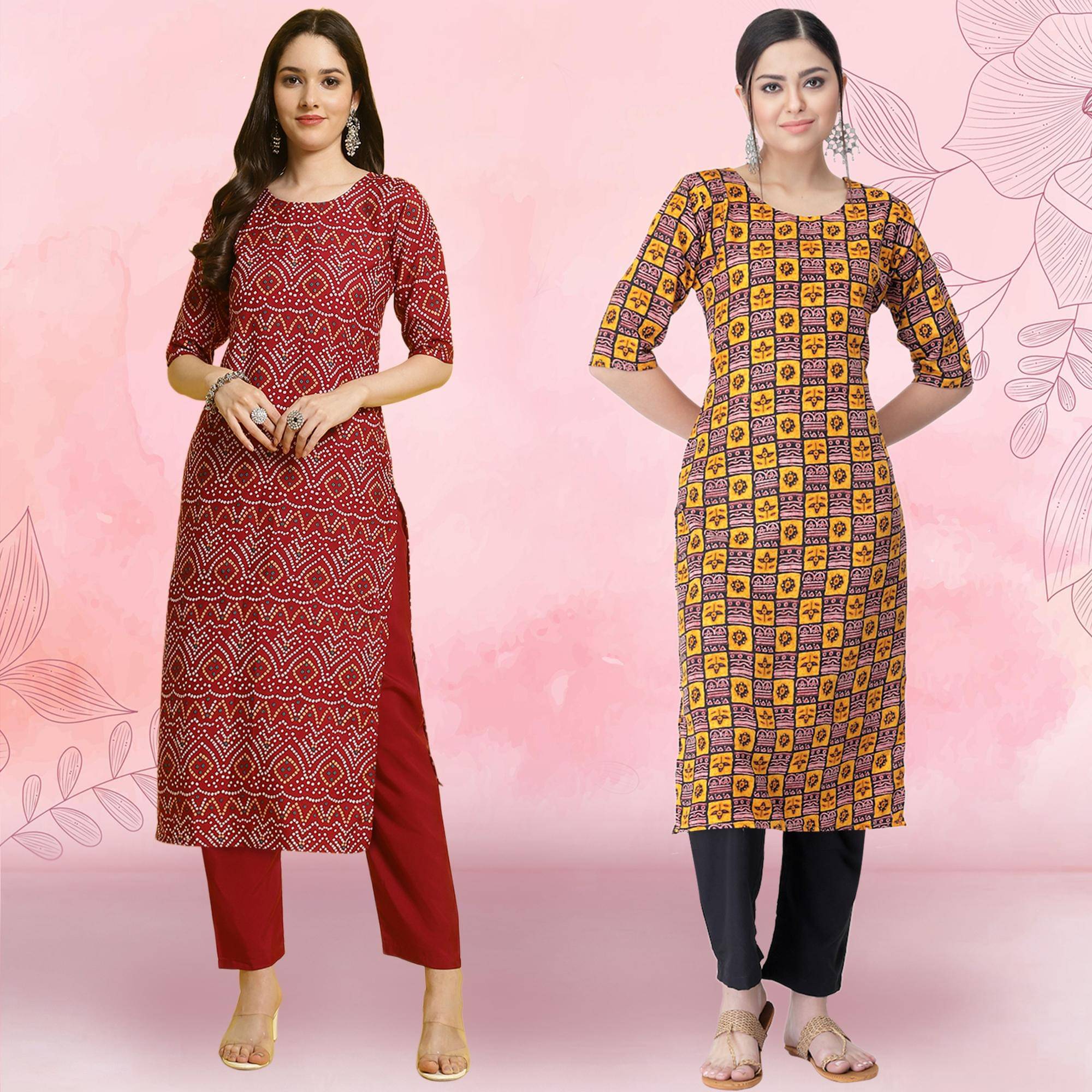     			Ethnicbasket Crepe Printed Kurti With Pants Women's Stitched Salwar Suit - Yellow ( Pack of 2 )