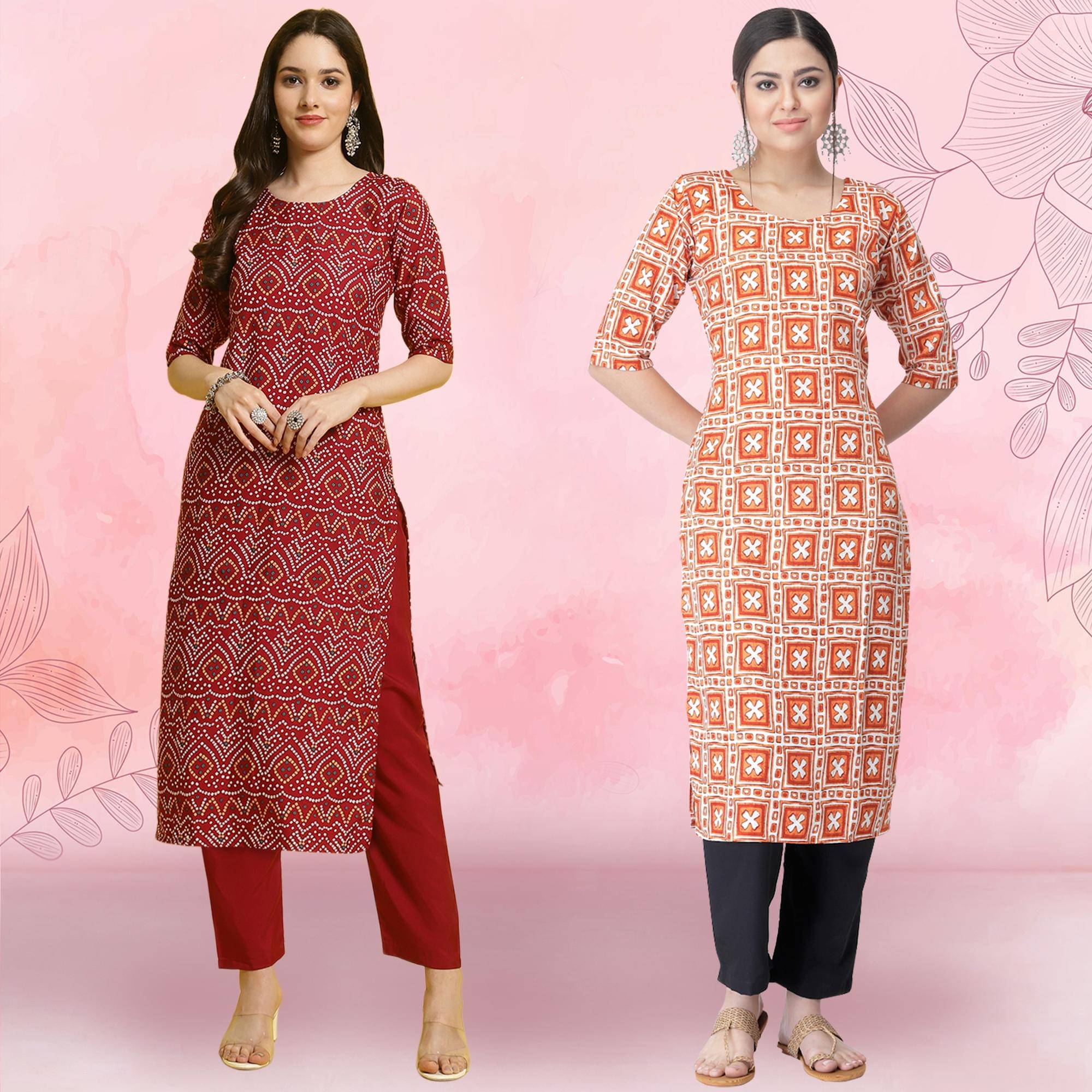 Ethnicbasket Crepe Printed Kurti With Pants Women's Stitched Salwar Suit - Orange ( Pack of 2 )     			Ethnicbasket Crepe Printed Kurti With Pants Women's Stitched Salwar Suit - Orange ( Pack of 2 )