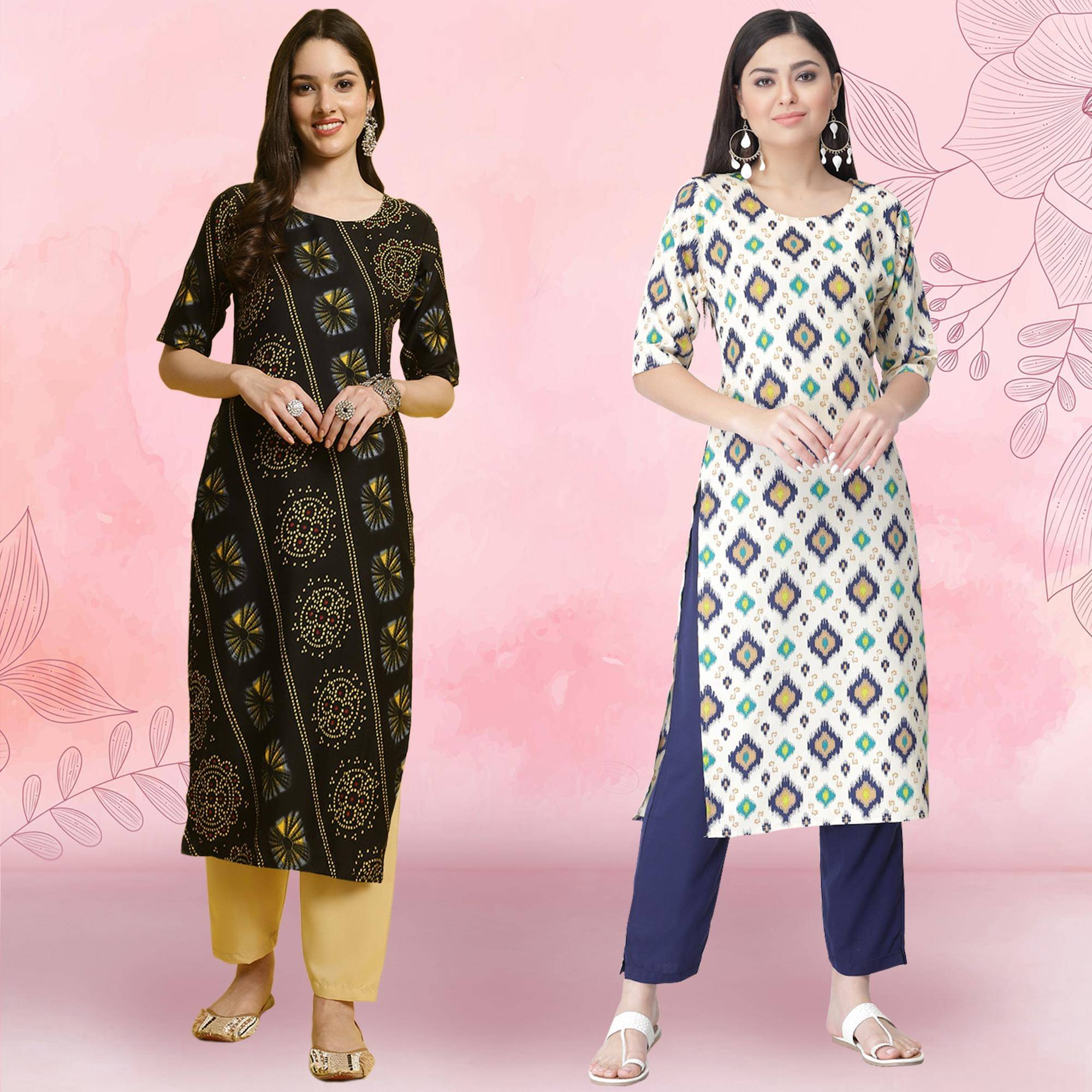 Ethnicbasket Crepe Printed Kurti With Pants Women's Stitched Salwar Suit - White ( Pack of 2 )     			Ethnicbasket Crepe Printed Kurti With Pants Women's Stitched Salwar Suit - White ( Pack of 2 )