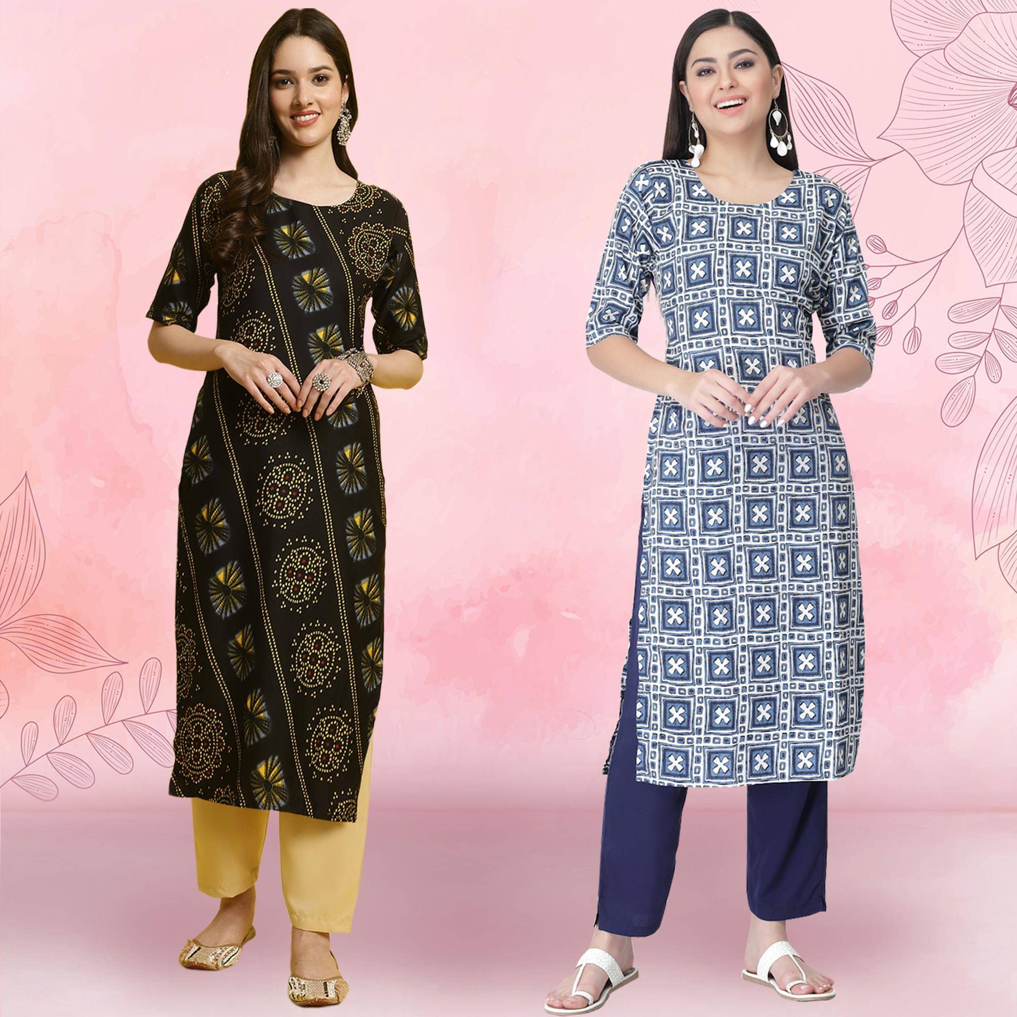 Ethnicbasket Crepe Printed Kurti With Pants Women's Stitched Salwar Suit - Navy Blue ( Pack of 2 )     			Ethnicbasket Crepe Printed Kurti With Pants Women's Stitched Salwar Suit - Navy Blue ( Pack of 2 )
