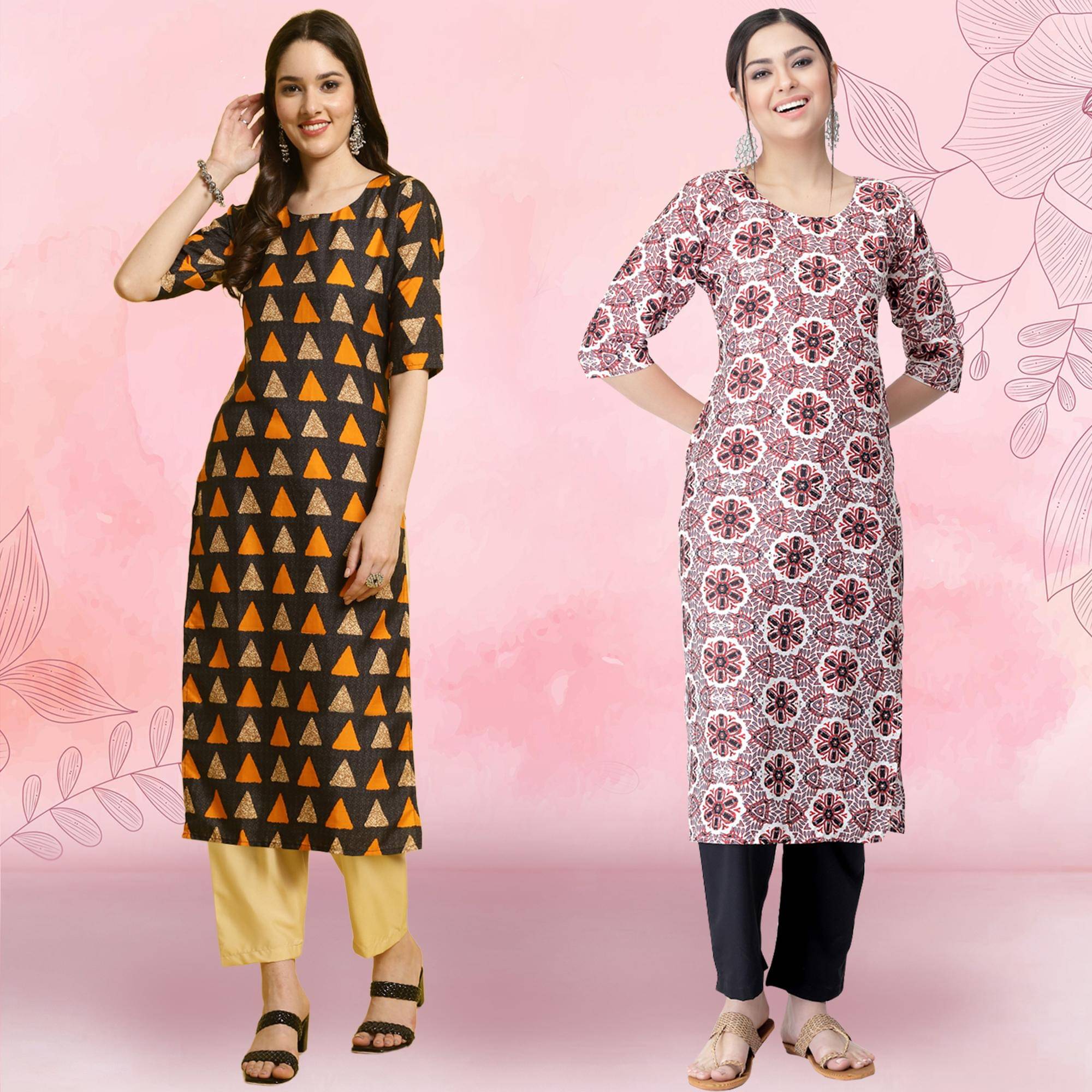 Ethnicbasket Crepe Printed Kurti With Pants Women's Stitched Salwar Suit - Pink ( Pack of 2 )     			Ethnicbasket Crepe Printed Kurti With Pants Women's Stitched Salwar Suit - Pink ( Pack of 2 )