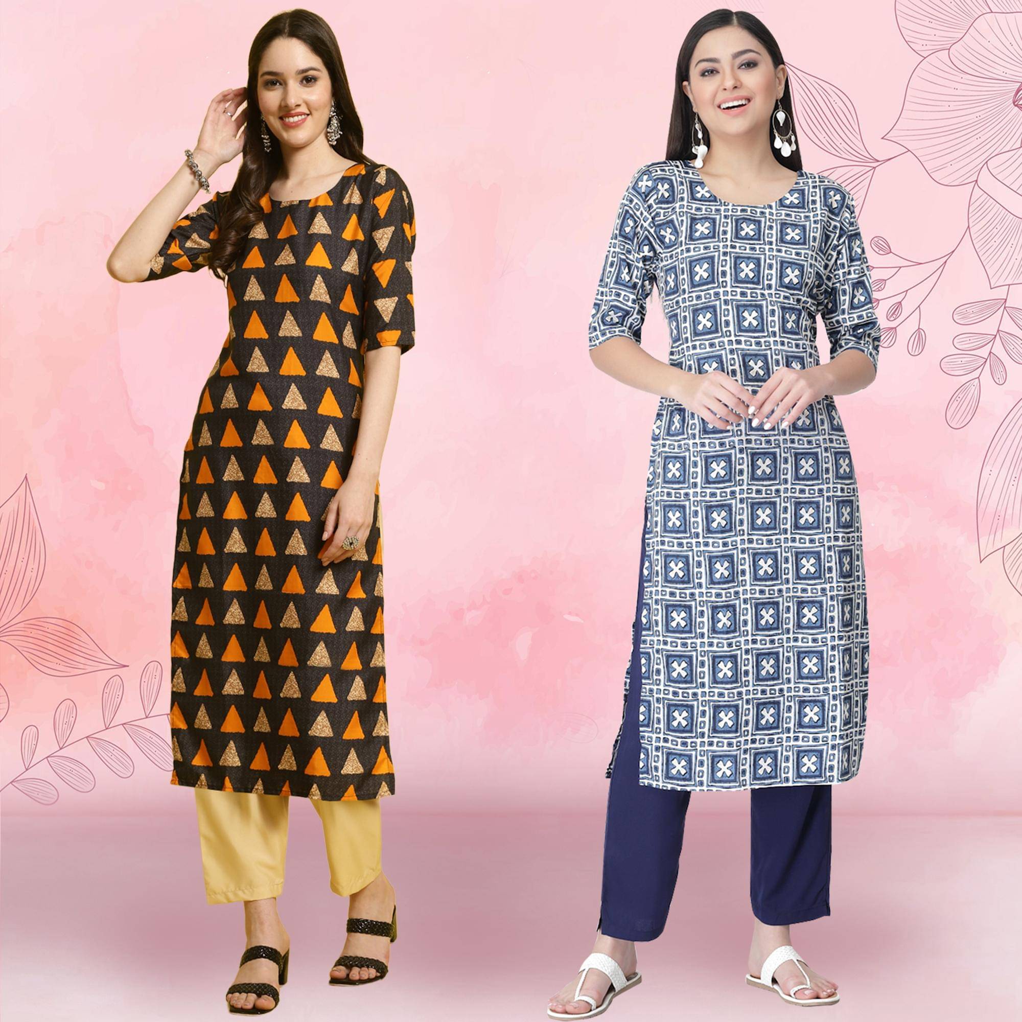     			Ethnicbasket Crepe Printed Kurti With Pants Women's Stitched Salwar Suit - Navy Blue ( Pack of 2 )
