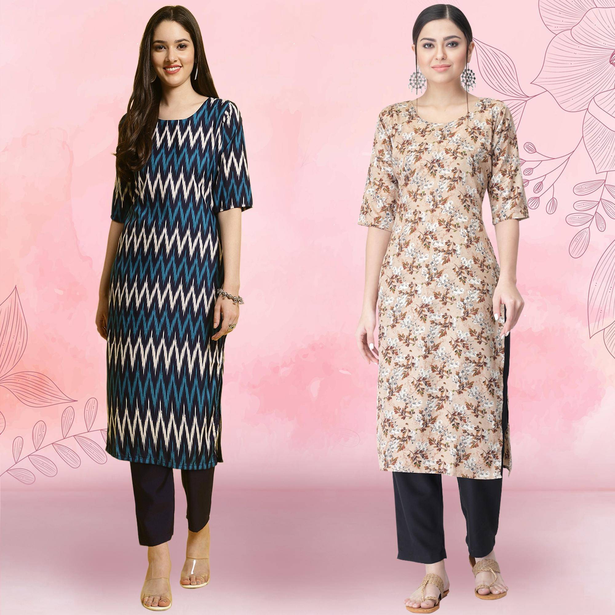     			Ethnicbasket Crepe Printed Kurti With Pants Women's Stitched Salwar Suit - Beige ( Pack of 2 )