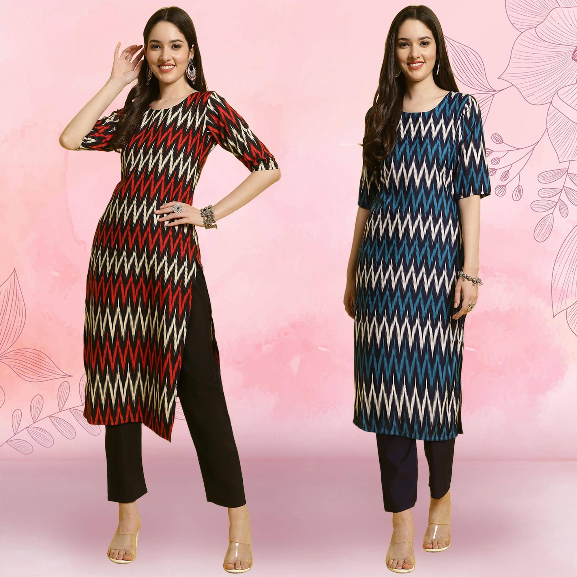 Ethnicbasket Crepe Printed Kurti With Pants Women's Stitched Salwar Suit - Multicoloured ( Pack of 2 )     			Ethnicbasket Crepe Printed Kurti With Pants Women's Stitched Salwar Suit - Multicoloured ( Pack of 2 )