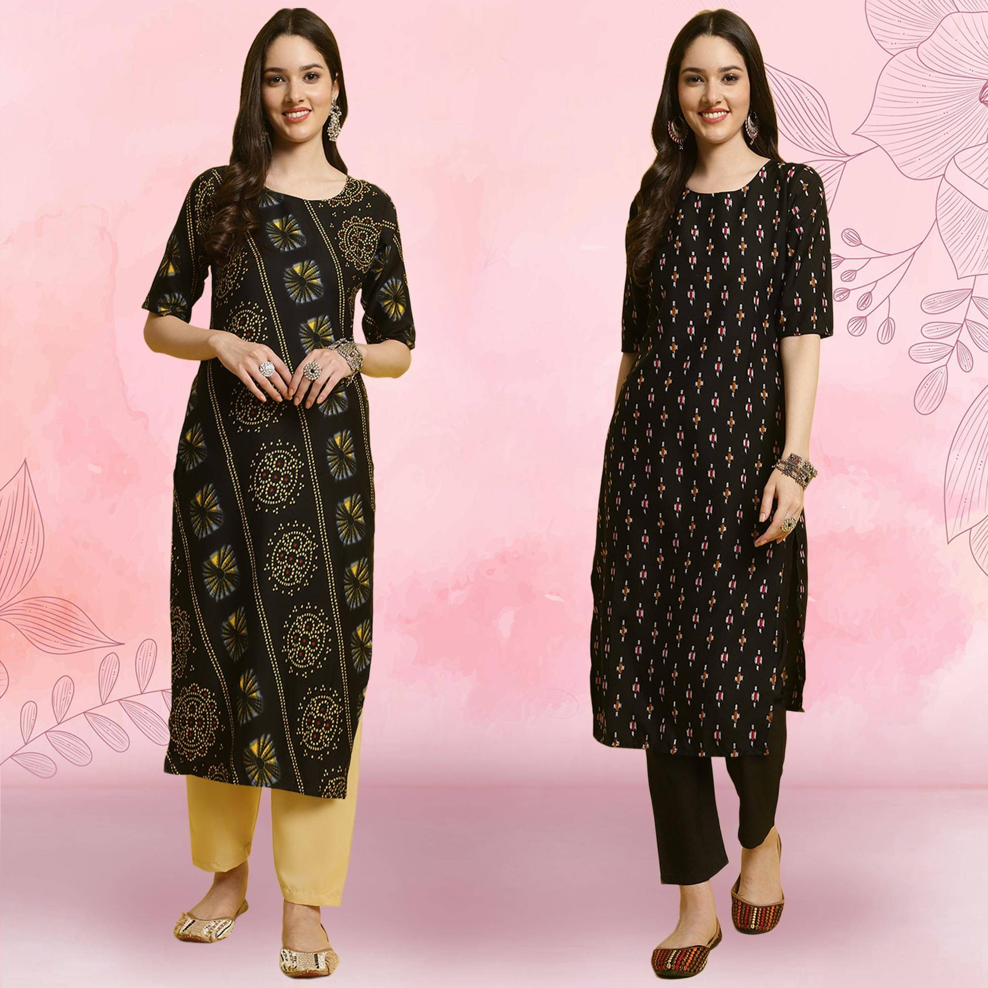 Ethnicbasket Crepe Printed Kurti With Pants Women's Stitched Salwar Suit - Black ( Pack of 2 )     			Ethnicbasket Crepe Printed Kurti With Pants Women's Stitched Salwar Suit - Black ( Pack of 2 )