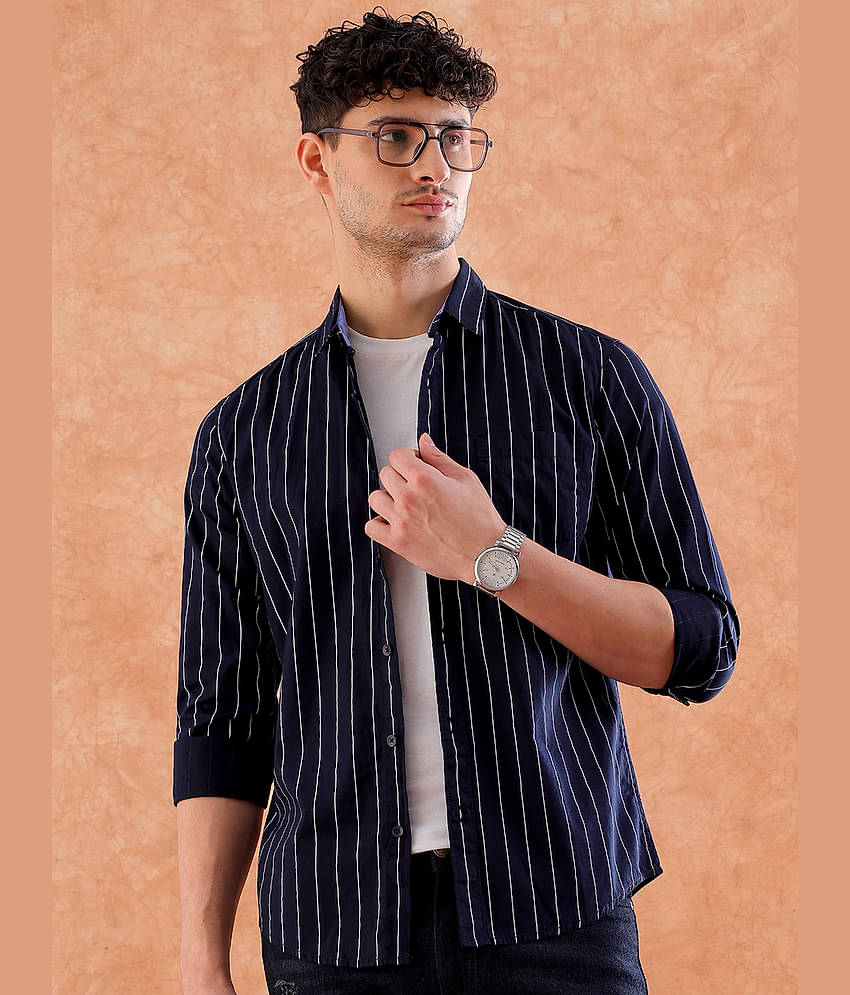 HARDSODA 100% Cotton Regular Fit Striped Full Sleeves Men's Casual Shirt - Navy Blue ( Pack of 1 )