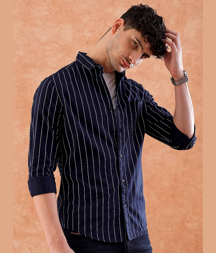 HARDSODA 100% Cotton Regular Fit Striped Full Sleeves Men's Casual Shirt - Navy Blue ( Pack of 1 )