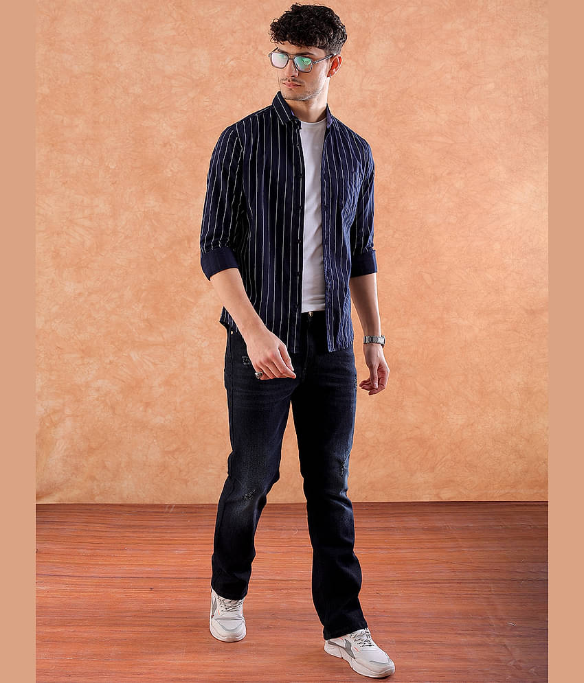 HARDSODA 100% Cotton Regular Fit Striped Full Sleeves Men's Casual Shirt - Navy Blue ( Pack of 1 )