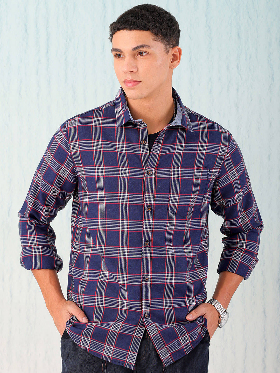     			HARDSODA Polyester Regular Fit Checks Full Sleeves Men's Casual Shirt - Navy Blue ( Pack of 1 )