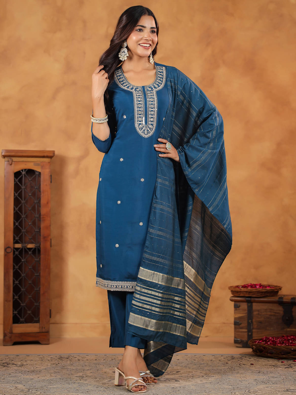 Janasya Chanderi Embroidered Kurti With Pants Women's Stitched Salwar Suit - Teal ( Pack of 1 ) Janasya Chanderi Embroidered Kurti With Pants Women's Stitched Salwar Suit - Teal ( Pack of 1 )