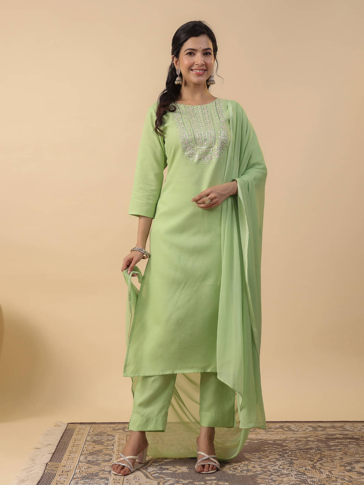     			Janasya Cotton Blend Embroidered Kurti With Pants Women's Stitched Salwar Suit - Light Green ( Pack of 1 )