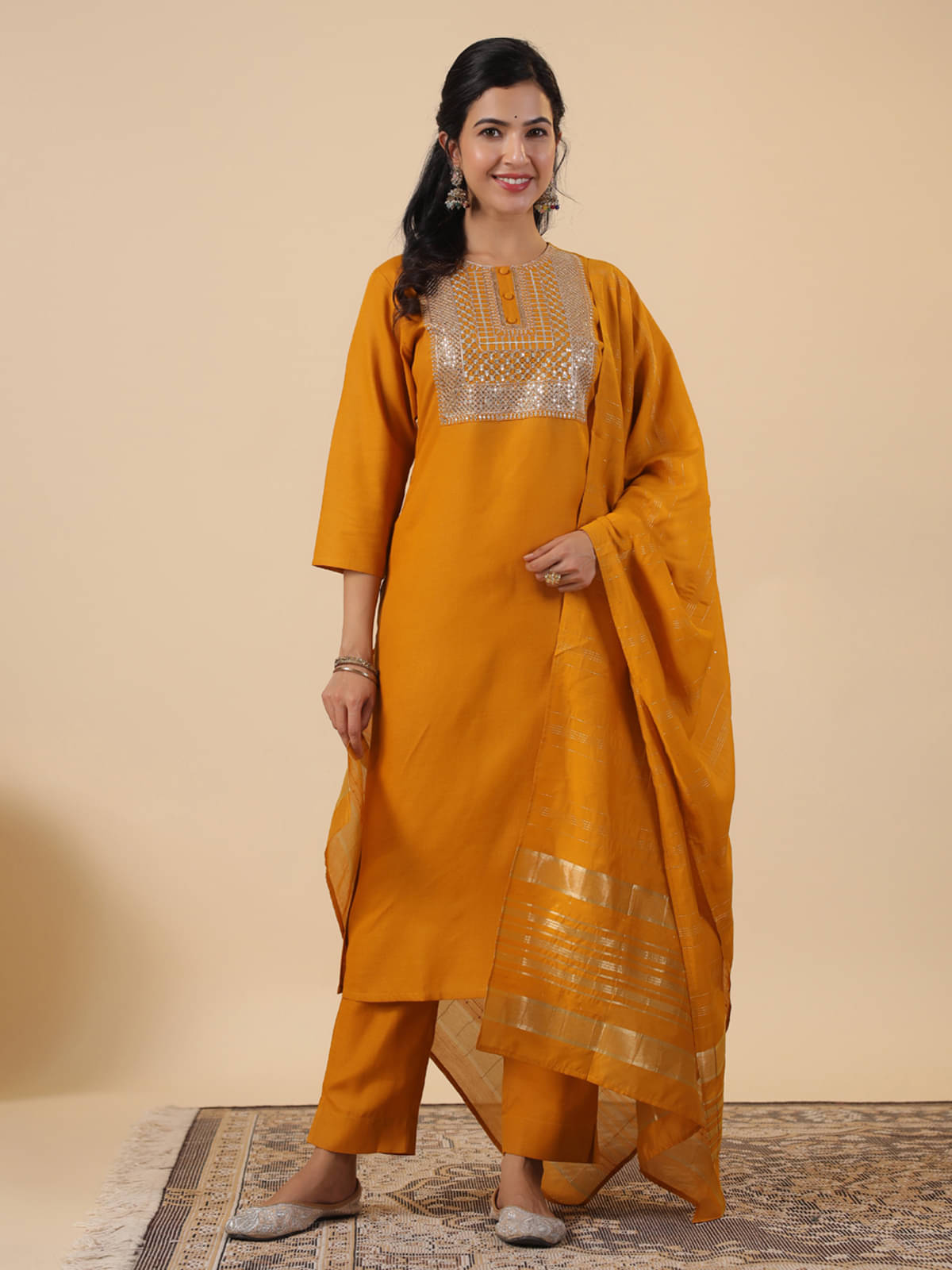 Janasya Cotton Blend Embroidered Kurti With Pants Women's Stitched Salwar Suit - Mustard ( Pack of 1 ) Janasya Cotton Blend Embroidered Kurti With Pants Women's Stitched Salwar Suit - Mustard ( Pack of 1 )