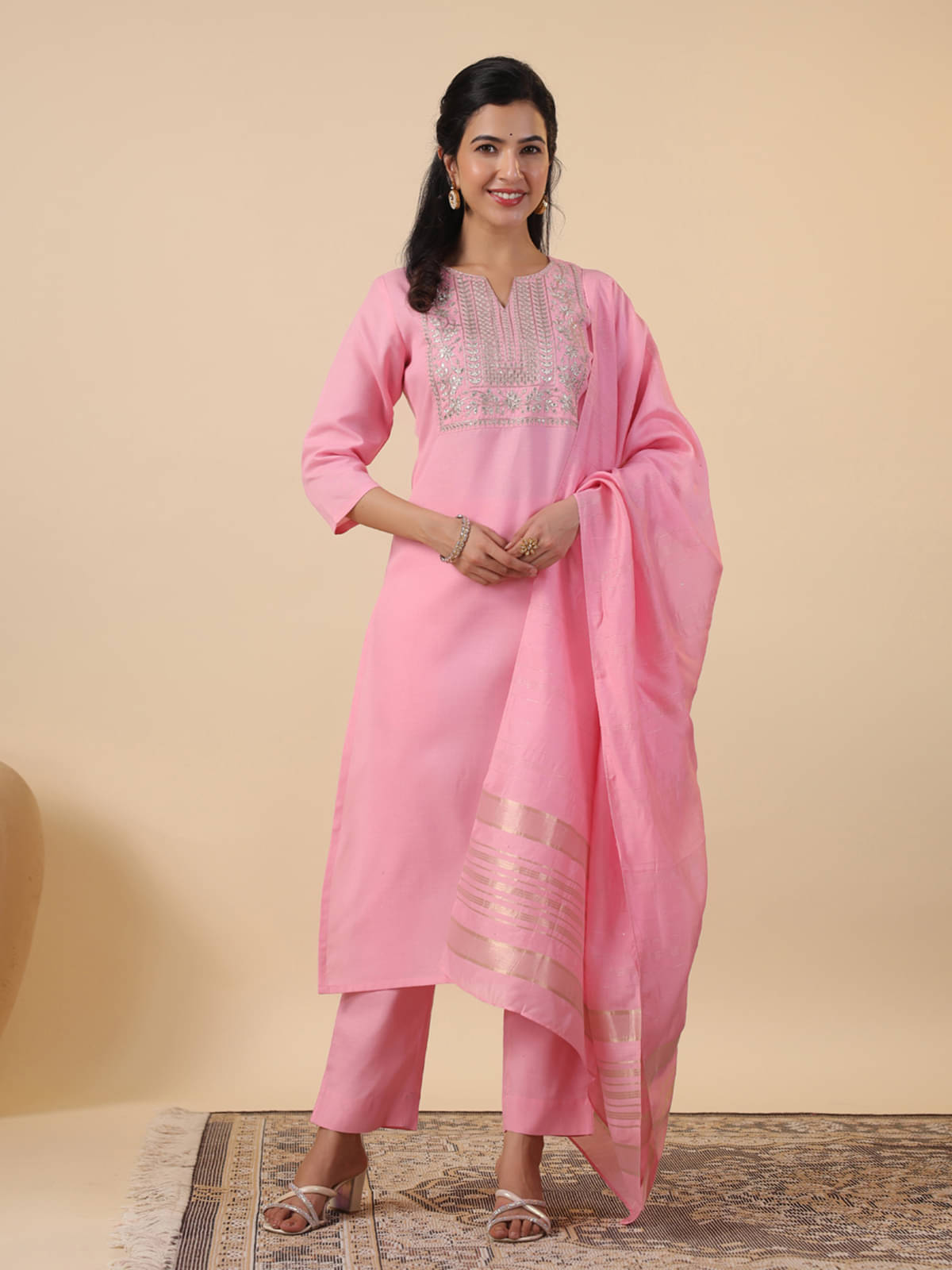 Janasya Cotton Blend Embroidered Kurti With Pants Women's Stitched Salwar Suit - Pink ( Pack of 1 ) Janasya Cotton Blend Embroidered Kurti With Pants Women's Stitched Salwar Suit - Pink ( Pack of 1 )