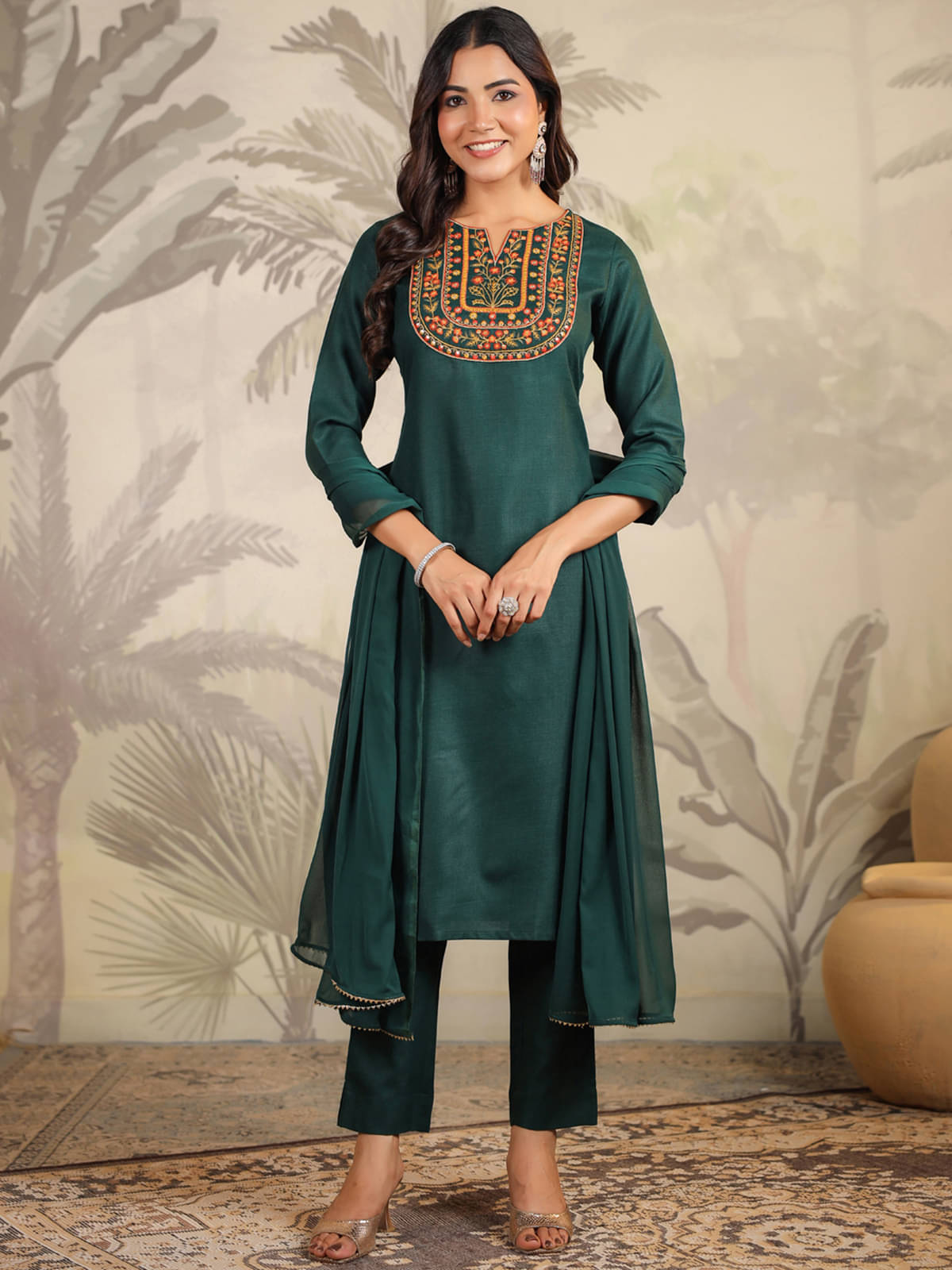     			Janasya Cotton Blend Embroidered Kurti With Pants Women's Stitched Salwar Suit - Dark Green ( Pack of 1 )