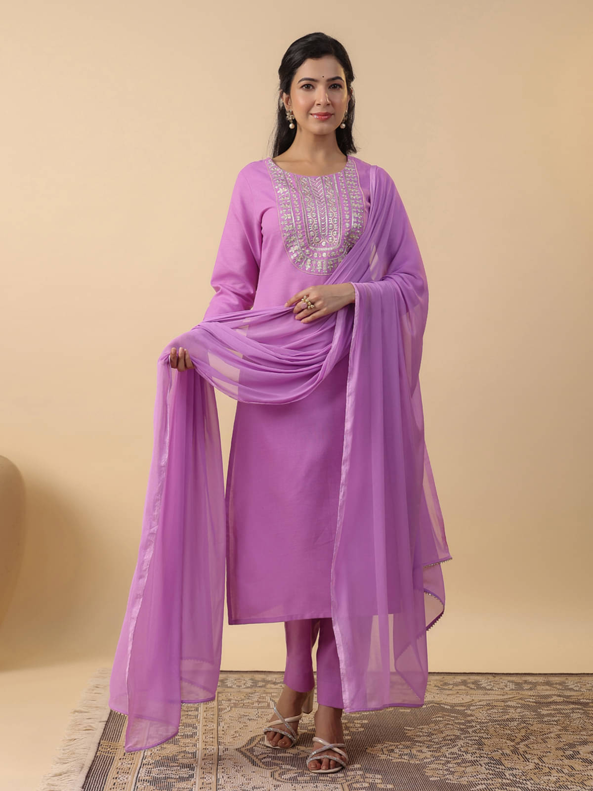     			Janasya Cotton Blend Embroidered Kurti With Pants Women's Stitched Salwar Suit - Lavender ( Pack of 1 )