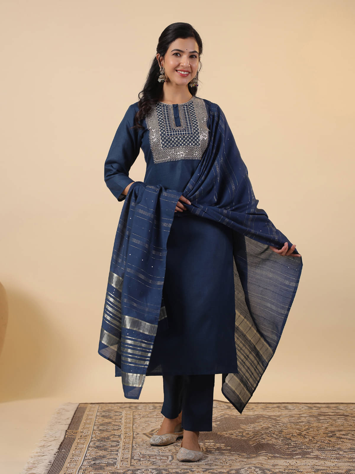    			Janasya Cotton Blend Embroidered Kurti With Pants Women's Stitched Salwar Suit - Blue ( Pack of 1 )