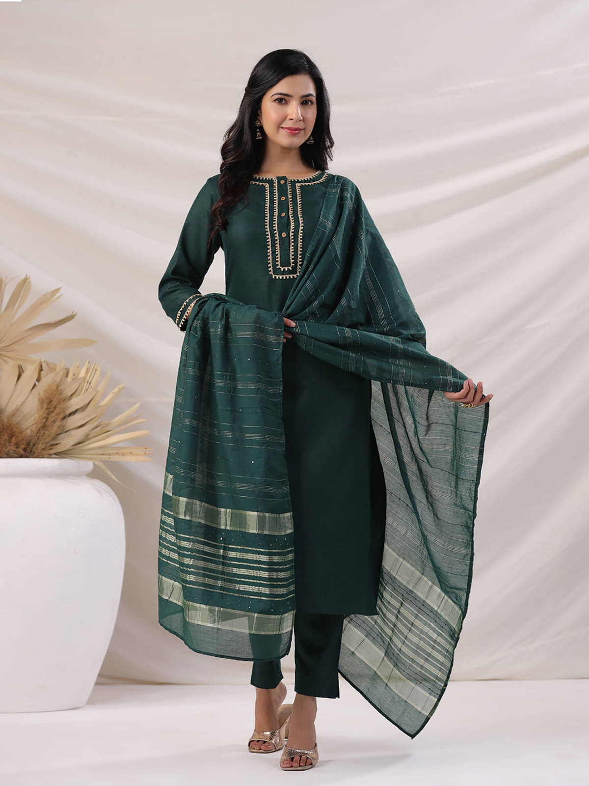    			Janasya Cotton Blend Solid Kurti With Pants Women's Stitched Salwar Suit - Dark Green ( Pack of 1 )