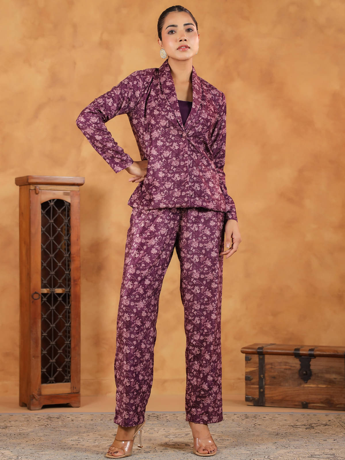     			Janasya Women Printed Top With Trousers Co-Ord Set ( Wine )