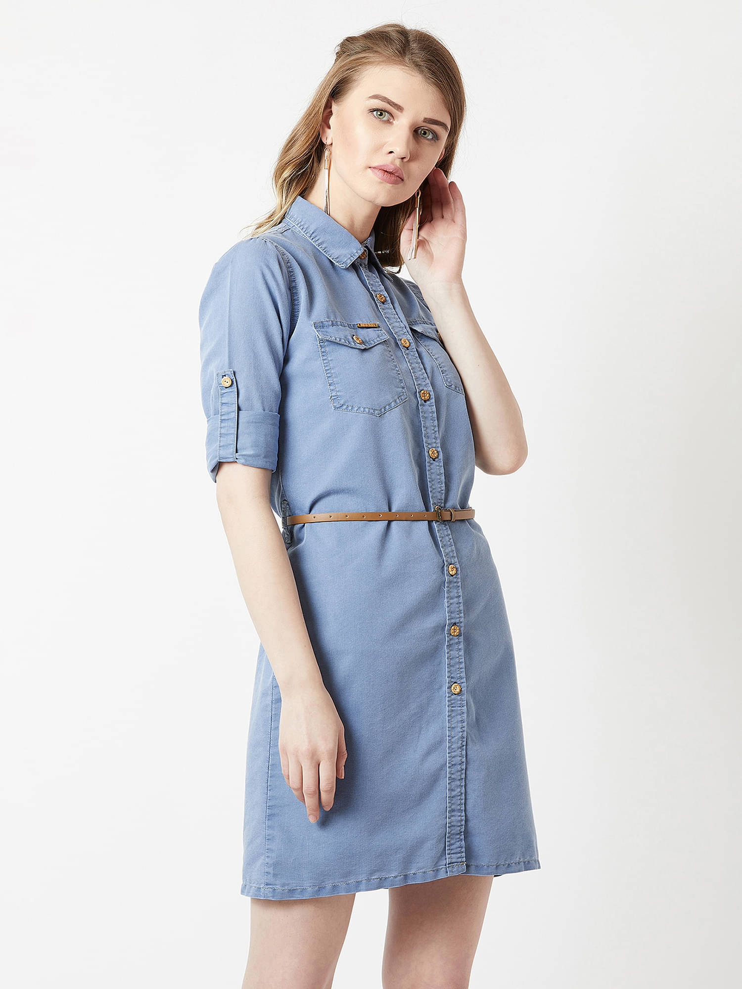 Miss Chase Women Cotton Solid A-line Dress ( Blue )     			Miss Chase Women Cotton Solid A-line Dress ( Blue )